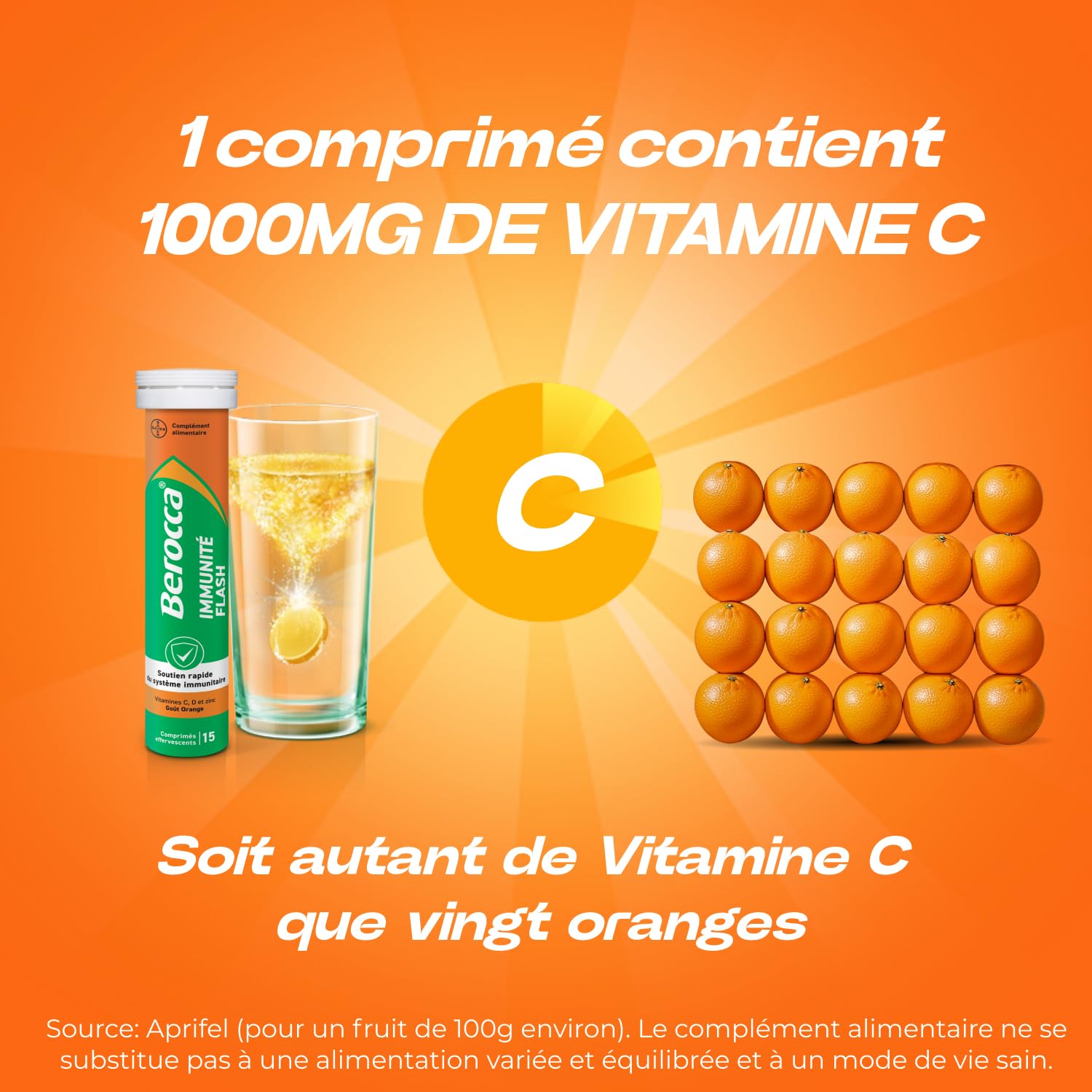 Berocca Immunité Flash - Soutient Système Immunitaire - Complément Alimentaire Immunité - Zinc, Vitamine D & C - Multivitamines et Minéraux - Goût Orange - Maxi Format 60 Comprimés Effervescents