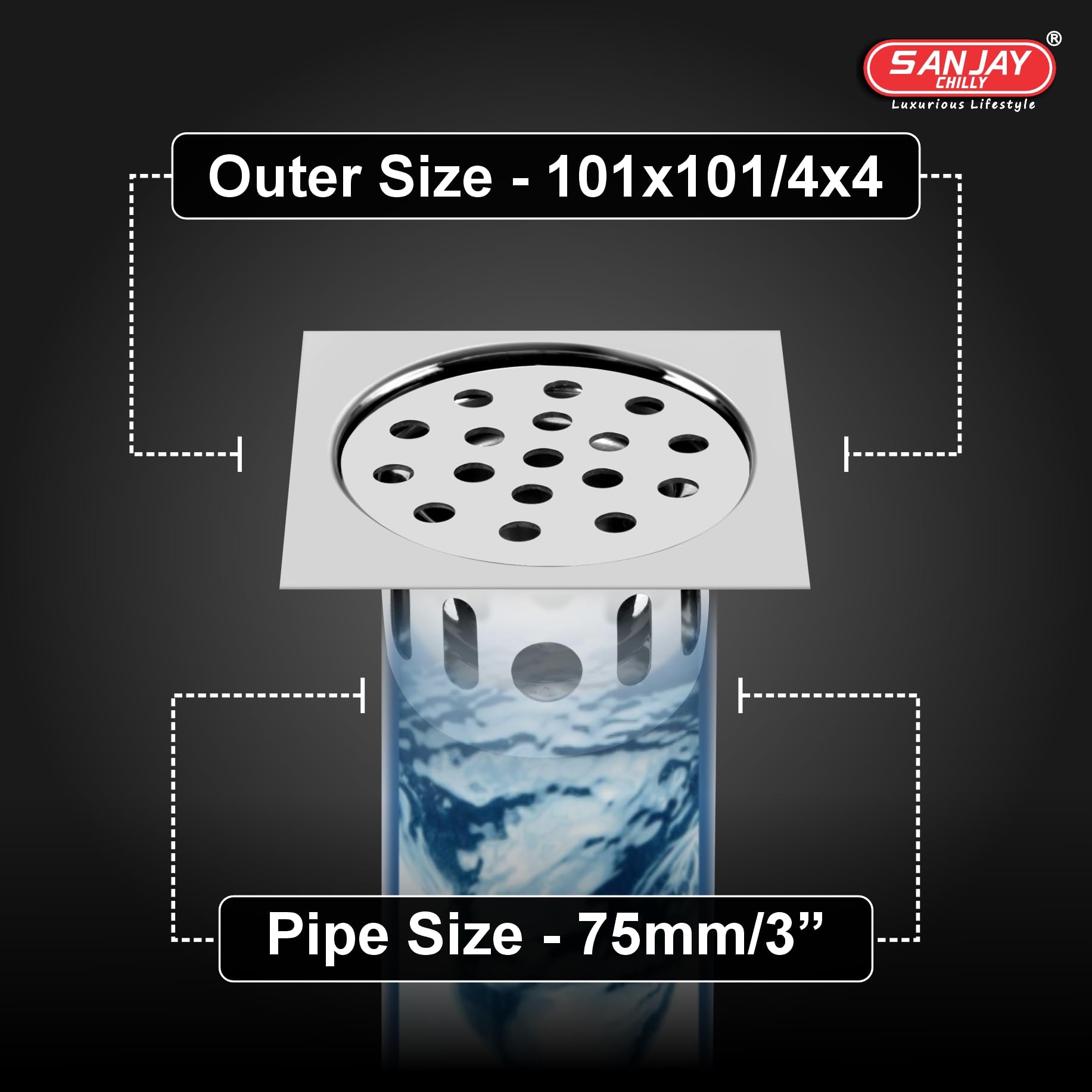 Sanjay Chilly Square Floor Drainer for Bathroom | Floor Drain Jali with Cockroach Trap Bathroom Gratings | Stainless Steel 304 Grade Sink Strainer Kitchen Hair Catcher (4 x 4 INCHES)