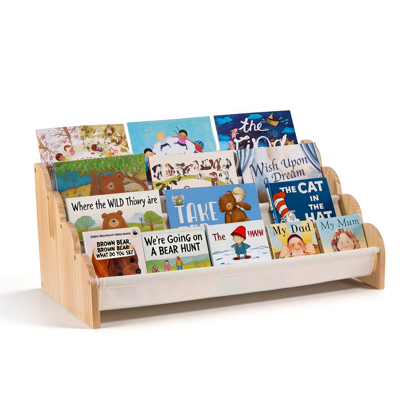 Puricon Libreria per bambini a 4 ripiani, Scaffale per libri per bambini piccoli con ripiani profondi e bordo ondulato, Libreria frontale a fascia per cameretta, asilo nido - Beige