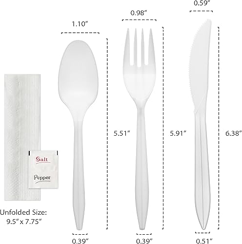 Miniatura 4 de Party Essentials Cubiertos de plástico envueltos individualmentekits de cubiertos, tenedor blancocucharacuchilloservilletasalpimienta, 100 juegos