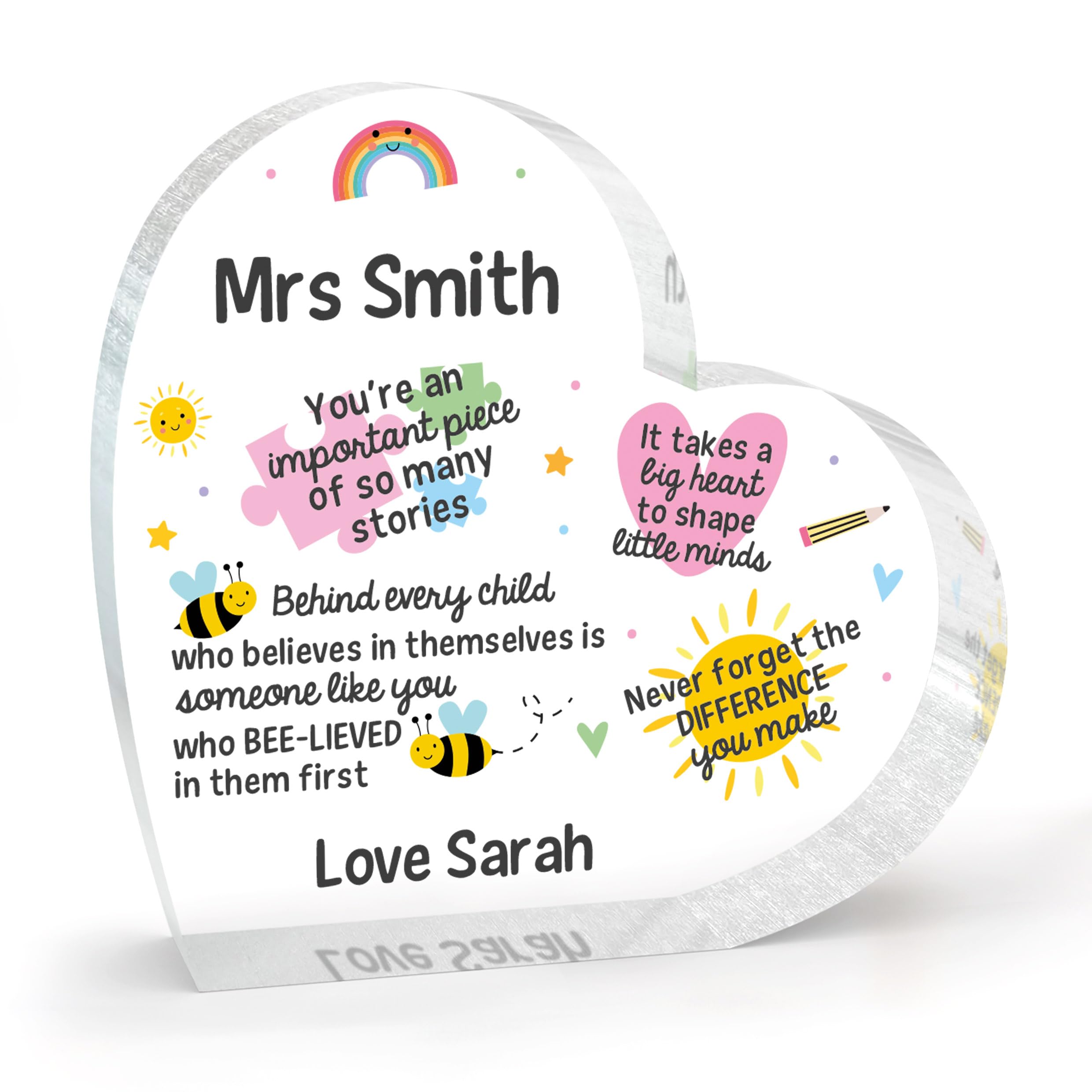 Beecreative Personalised Best Teacher Gifts - Clear Acrylic Heart Ornament - Custom End Of Year Teacher Gifts For Women - With Grey Bag