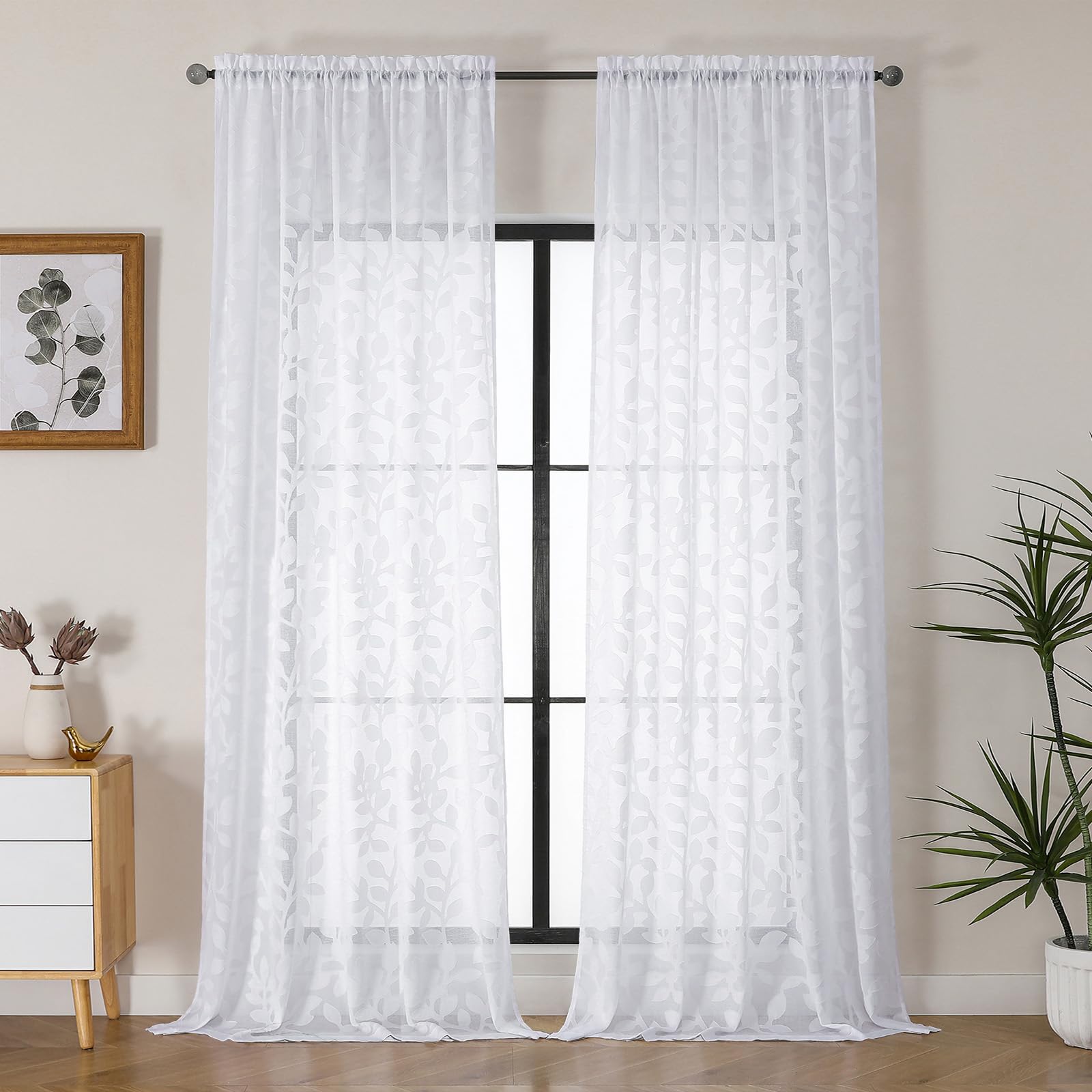 OVZME White Sheer Curtains 96 inches Long 2 Panels for Living Room, Jacquard Clip Leaf Pattern Textured Light Filtering Window Semi Sheer Voile Drapes for Bedroom, Each Panel 52 x 96 Inch