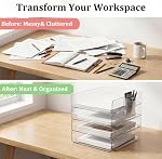 4-Tier Paper Organizer for Desk, Acrylic Paper Tray Organizer | Stackable Clear, Paper Letter Tray with Pen Holder, Desktop Organizer for Documents, Office Supplies