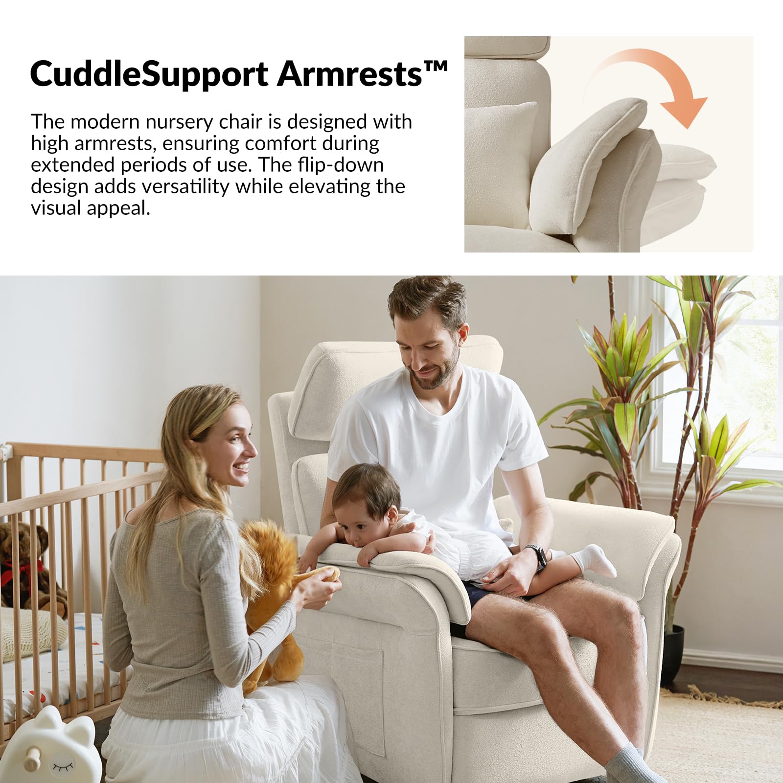 HULALA HOME Nursery Glider Recliner with Adjustable Headrest and Armrests, Power Swivel Rocker Recliner Chair with USB Port and Storage Bags, GREENGARD, FSC, CertiPUR-US® Certified, Beige