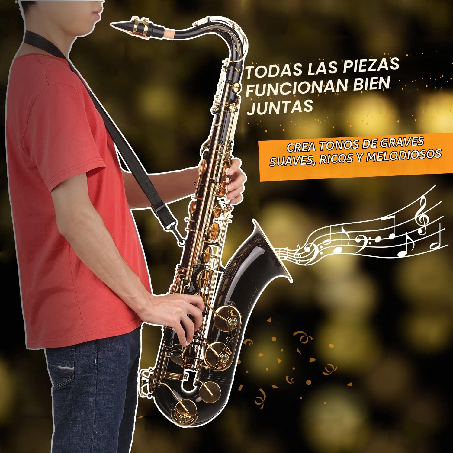 Saxofón Tenor en si Bemol Saxofón Lacado en Negro en si Bemol con Estuche para Instrumentos Boquilla Correa para el Cuello Paño de Limpieza Cepillo para músicos Principiantes
