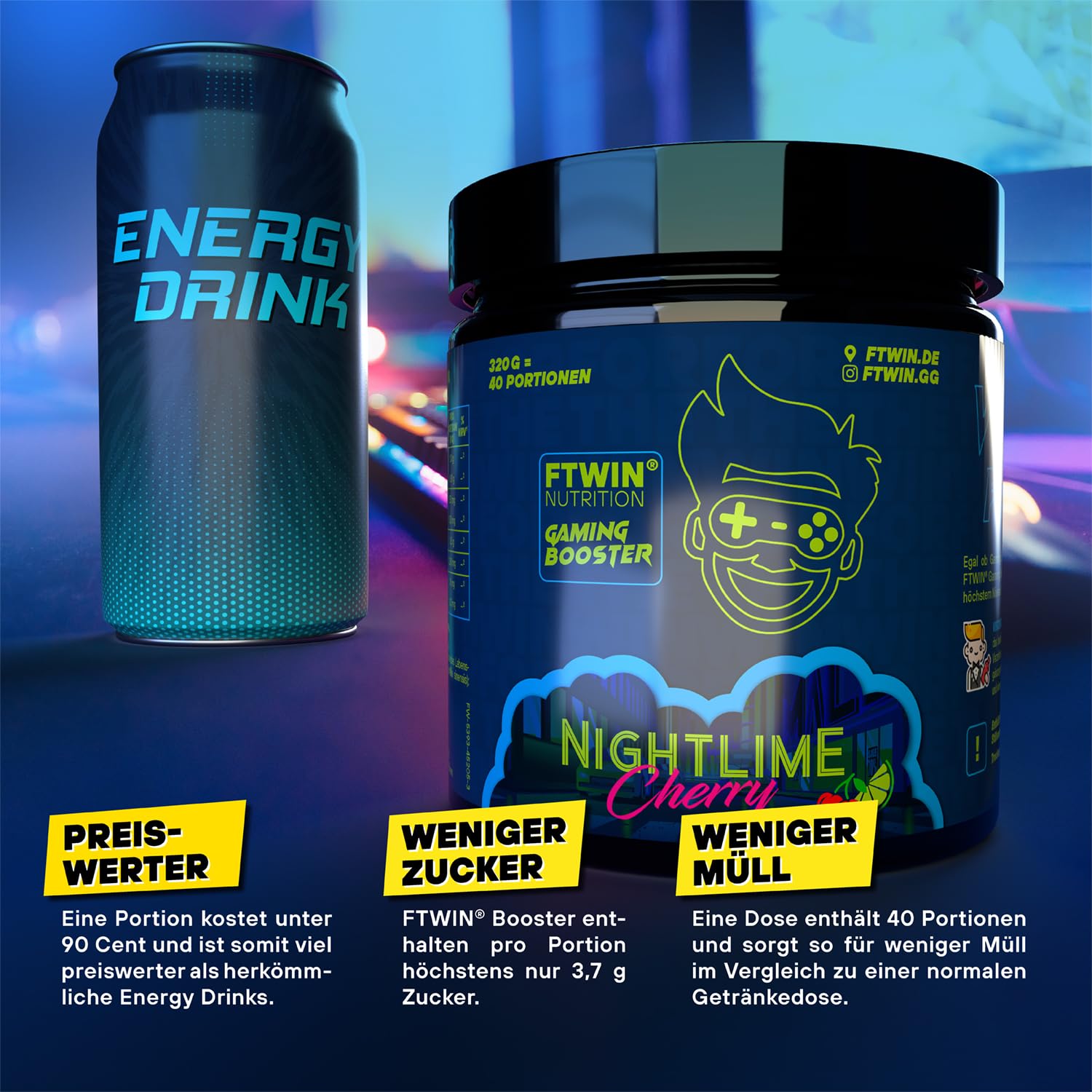 FTWIN® Nutrition Gaming Booster Nightlime Cherry (Kirsche + Limette) | für Gamer und E-Sportler, perfekt für lange und intensive Gaming-Sessions, 40 Portionen, vegan