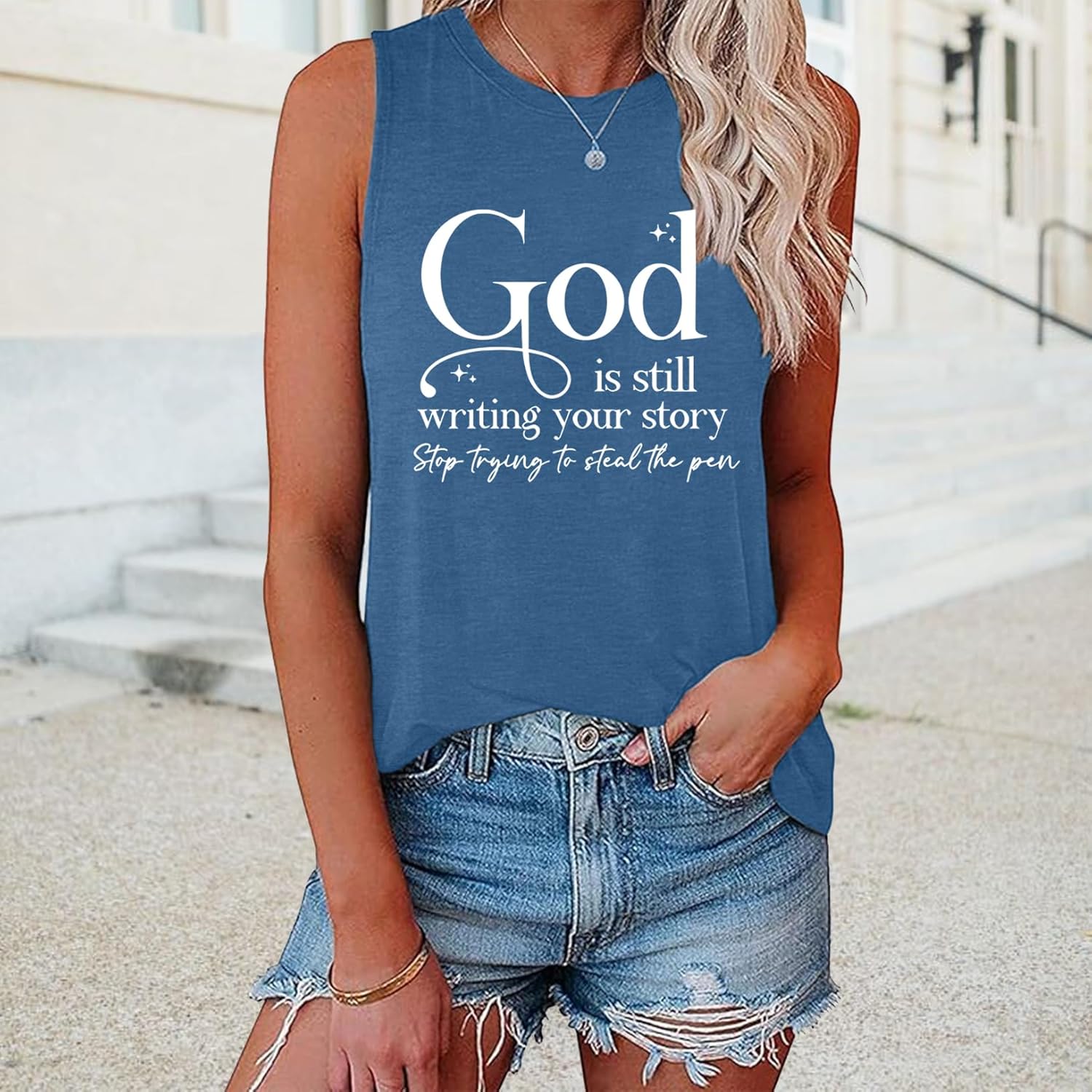 BLACKOO Women's Graphic God is Still Writing Your Story Graphic Tank Tops - Image 2
