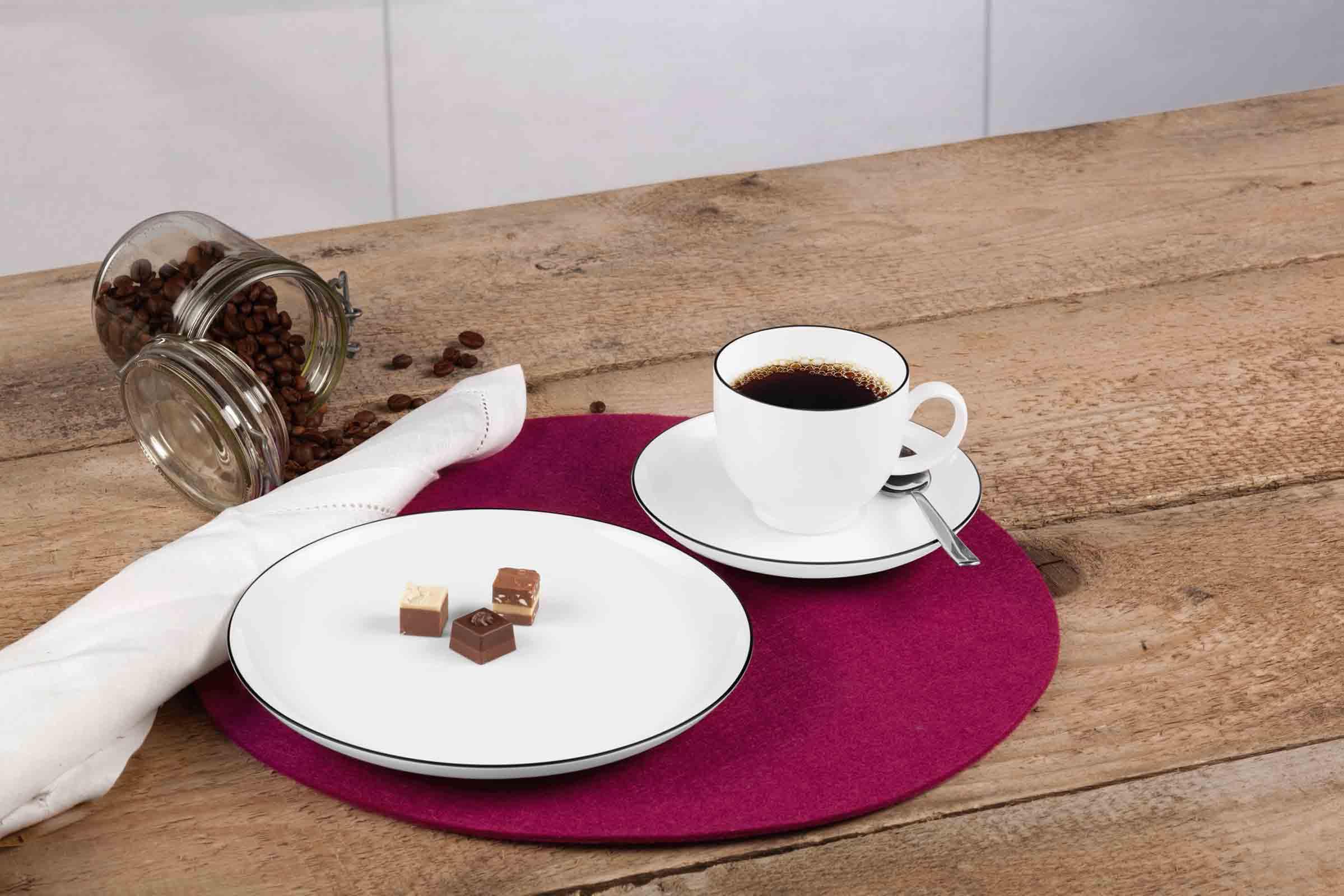 Seltmann Weiden Lido Black Line Frühstücksteller 6er Set, ø 20 cm, Runder Dessertteller mit schwarzem Rand, Porzellan