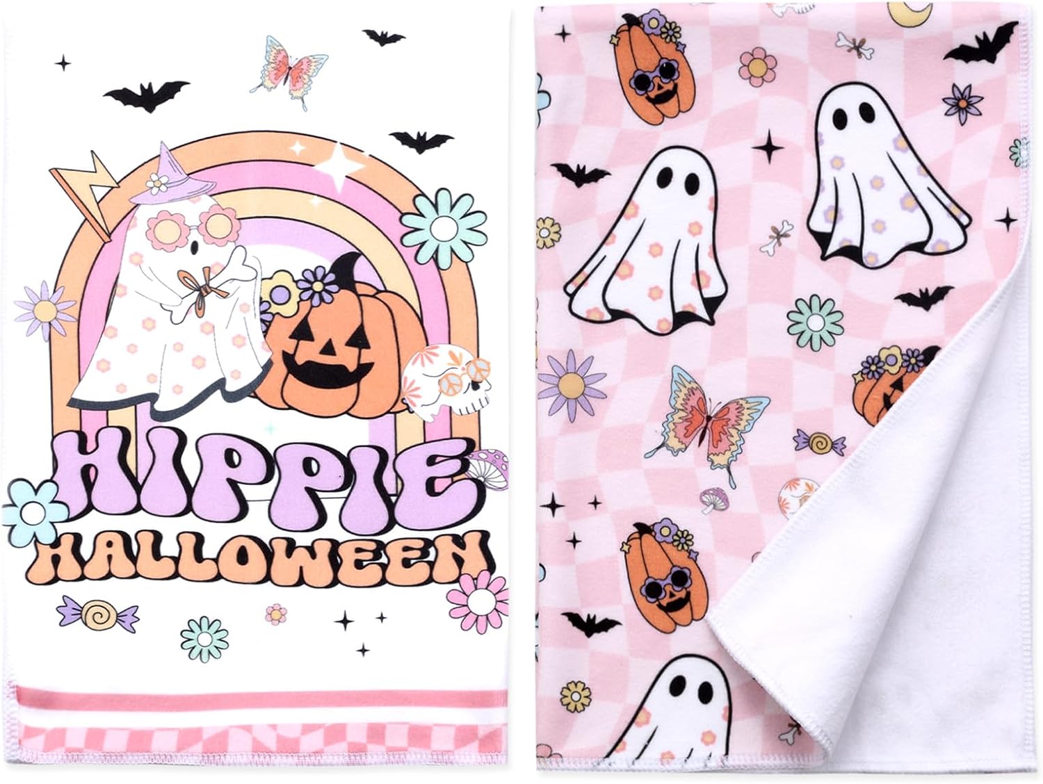 halloween groovy theme kitchen towels - dish hand tea towels pink purple, fast drying cooking baking towels hippie halloween kitchen bathroom dining room decoration supplies set of 2