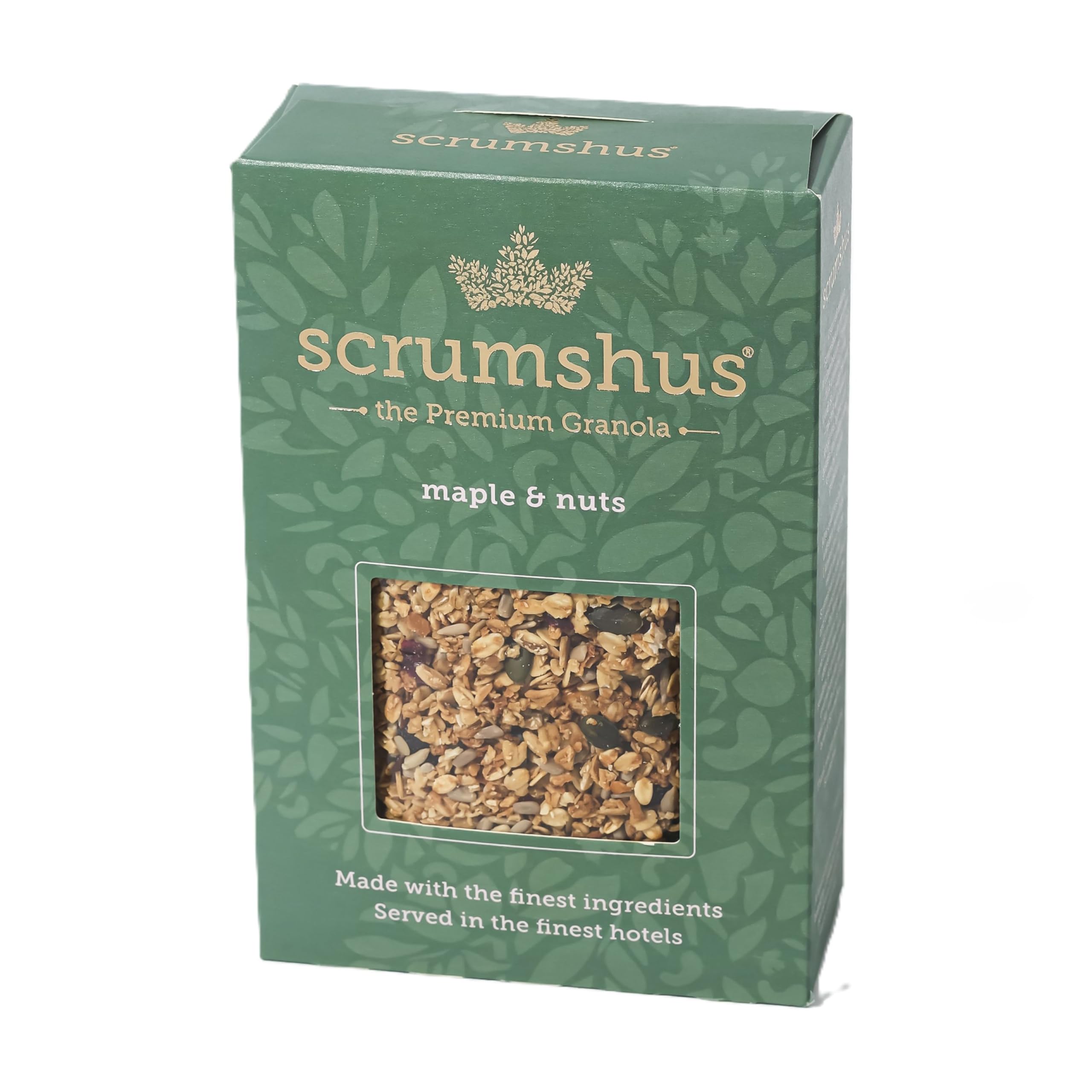 Scrumshus The Premium Granola Maple & Nuts 500g, Made with the finest ingredients, served in the finest hotels, an everyday luxury you can enjoy at home. Made in the UK. GMO Free, Recyclable Packaging