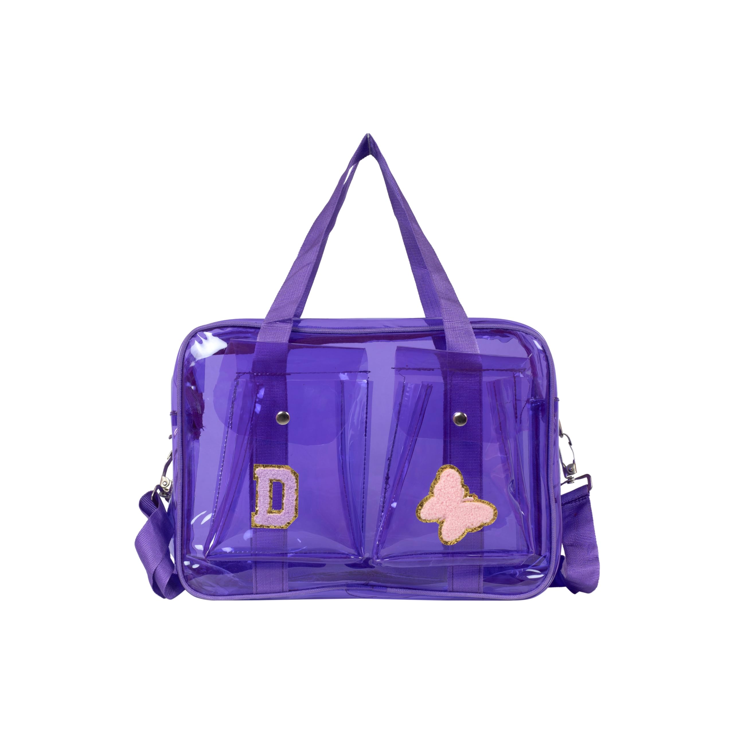 giftly Personalised Embroidered Initial & Patch PVC Travel Bag for Kids (4-10 Years) | Waterproof Transparent Duffel Bag with Shoulder Strap & Front Pockets | School, Swimming & Overnight Bag (Purple)-picture-53