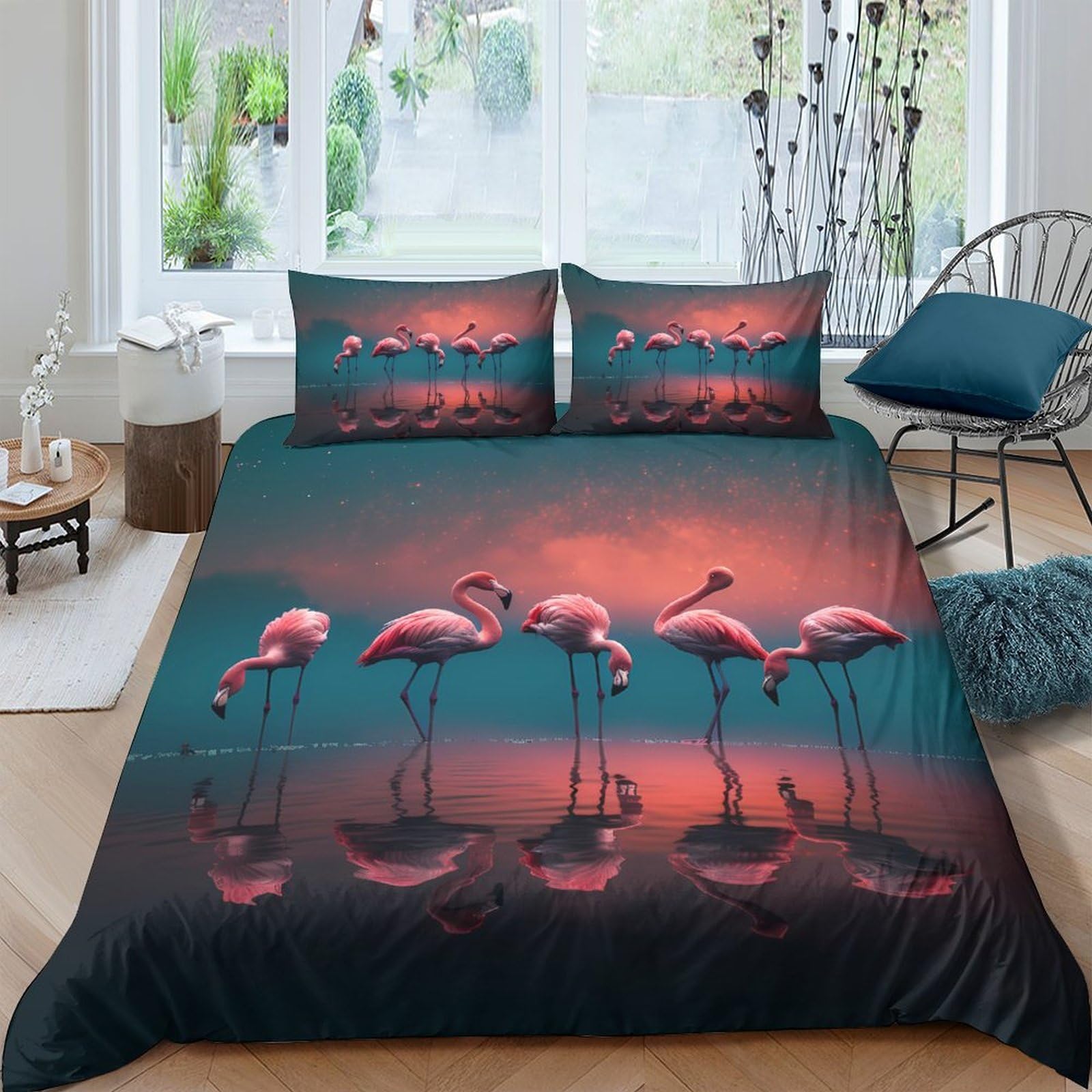 GPLZQXKJNH 3D Printed Flamingo Sunset Duvet Cover Microfiber Soft Breathable Lake Reflection Bedding Set with 2 Pillowcases for Bedroom Decor, Single（135x200cm）