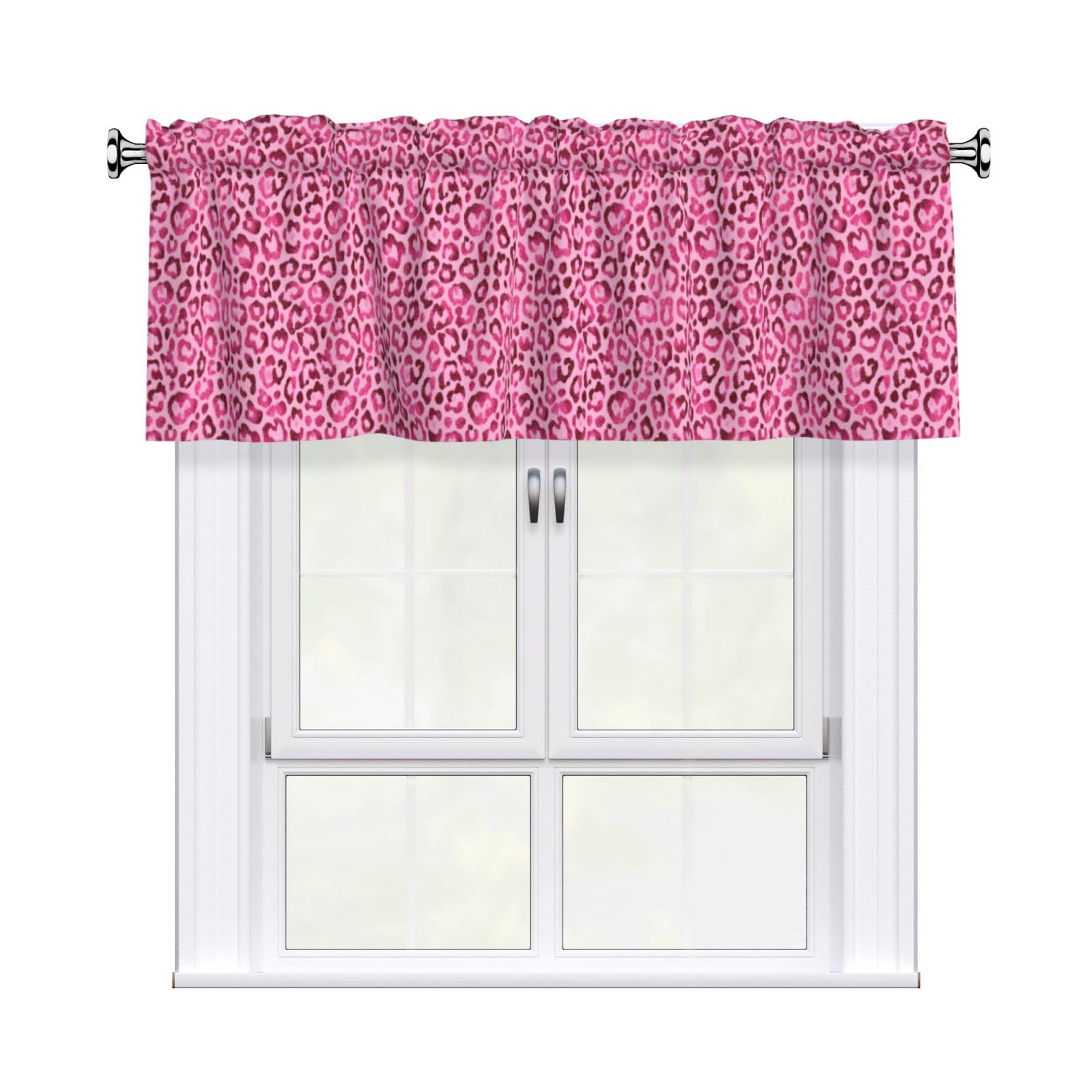 Woshuwo Pink Leopard Print Pattern With Glitter Valances For Windows Rod Pocket Window Treatment Short Curtains For Kitchen Living Room Bedroom Decor 54x18in
