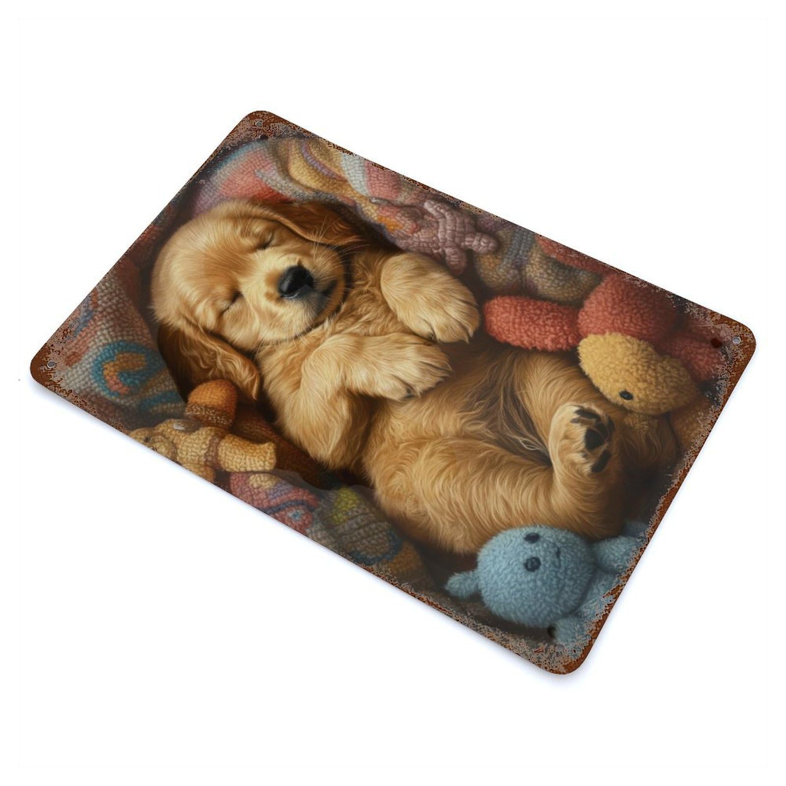Sleeping Golden Retriever Puppy 11.8"x7.9" Vintage Rust Metal Sign, Shabby Chic Decor for Garage, Bar And Workshop Decor