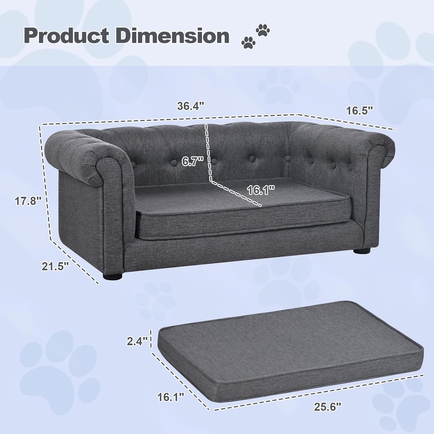Dog Couch for Large Dogs Up to 60lbs, 36.4" L Dog Sofa Bed Medium Size with Legs, Dark Grey