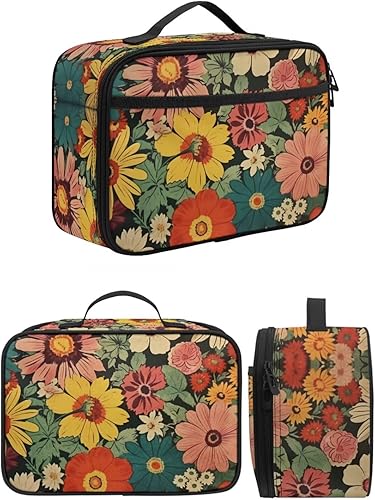 Miniatura 3 de Juego de mochila con estampado de animales florales para niñas, mochila ligera de 17 pulgadas con lonchera, Retro Ditsy Floral Hippie, Mochilas