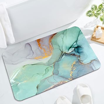 Gibelle Bath Mat Rug Super Absorbent Quick Dry Thin Bathroom Rugs Fit Under Door Non Slip Rubber Backed Bathroom Floor Mat for in Front of Bathtub Sink Shower 17"x24", Green Marble