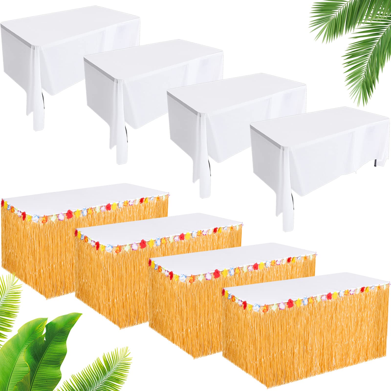 8 Pack Tatuo Luau Grass Table Skirt, 108 x 30 Inch Hawaiian Table Skirt with 53.94 x 72 Inch Rectangle White Plastic Tablecloth Disposable for Hawaiian Summer Beach Party Decorations for Luau
