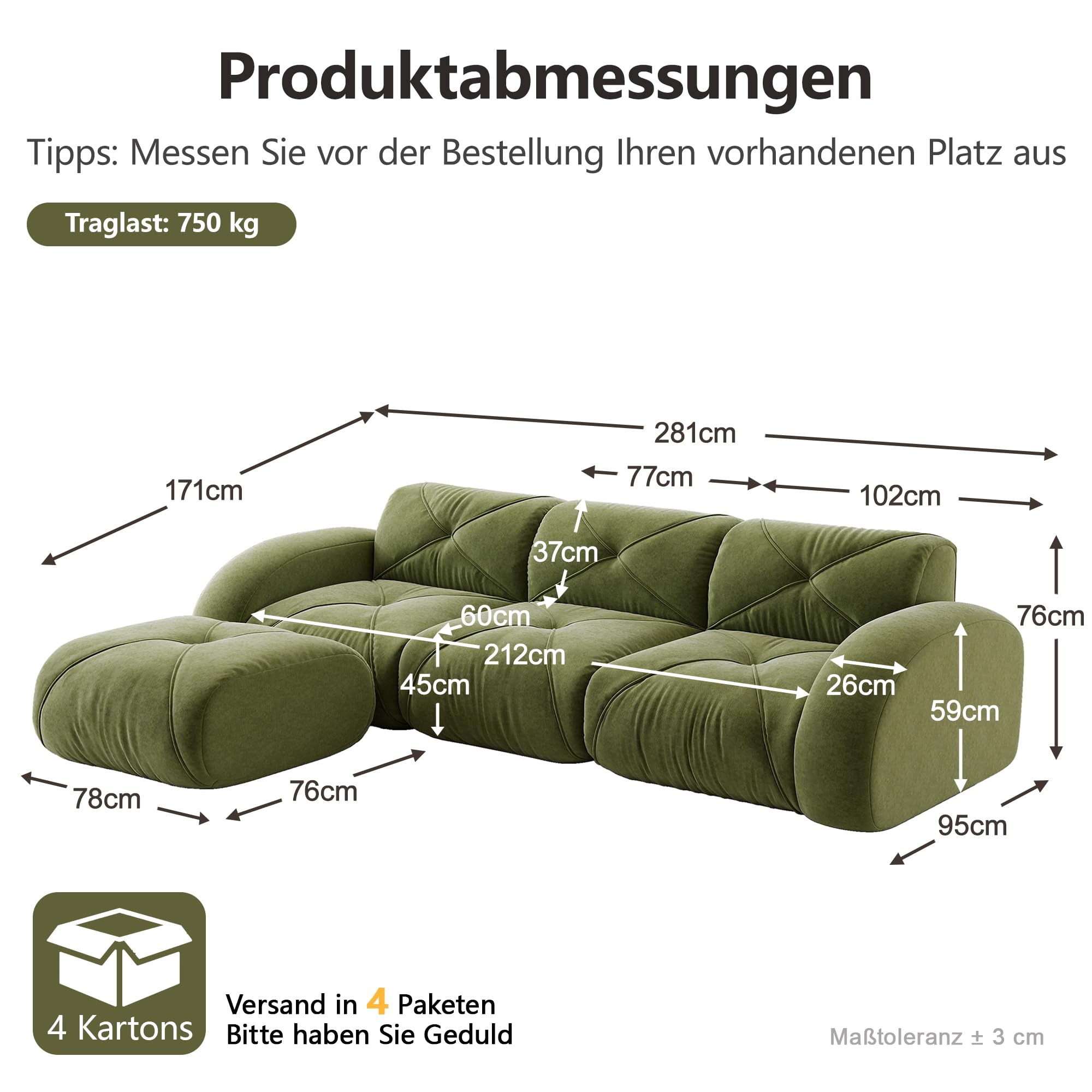 L-Sofa 3-Sitzer mit Fußhocker, Chenille, 32D-Schaum, Grün