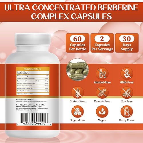 Miniatura 3 de Paquete de 2 berberina con canela de Ceilán, cúrcuma, cardo mariano, alcachofa, pimienta negra, suplemento de berberina para apoyar el sistema