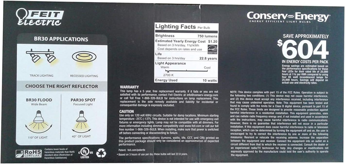 Feit LED Dimmable BR30 Flood Soft White Bulbs 65 Watts, Uses 11.5 Watts, 4 Pack