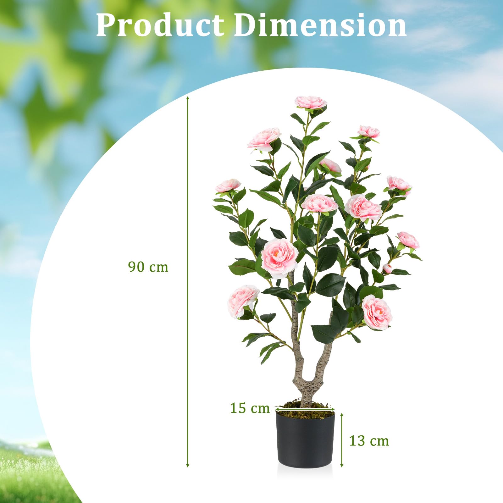 GIANTEX Albero di Camelia Artificiale da 90 cm, Pianta Finta con 16 Fiori di Camelia Rosa in Tessuto, Tronco in Legno Massiccio, Pianta Decorativa in Vaso per Ristorante, Ufficio (Rosa)