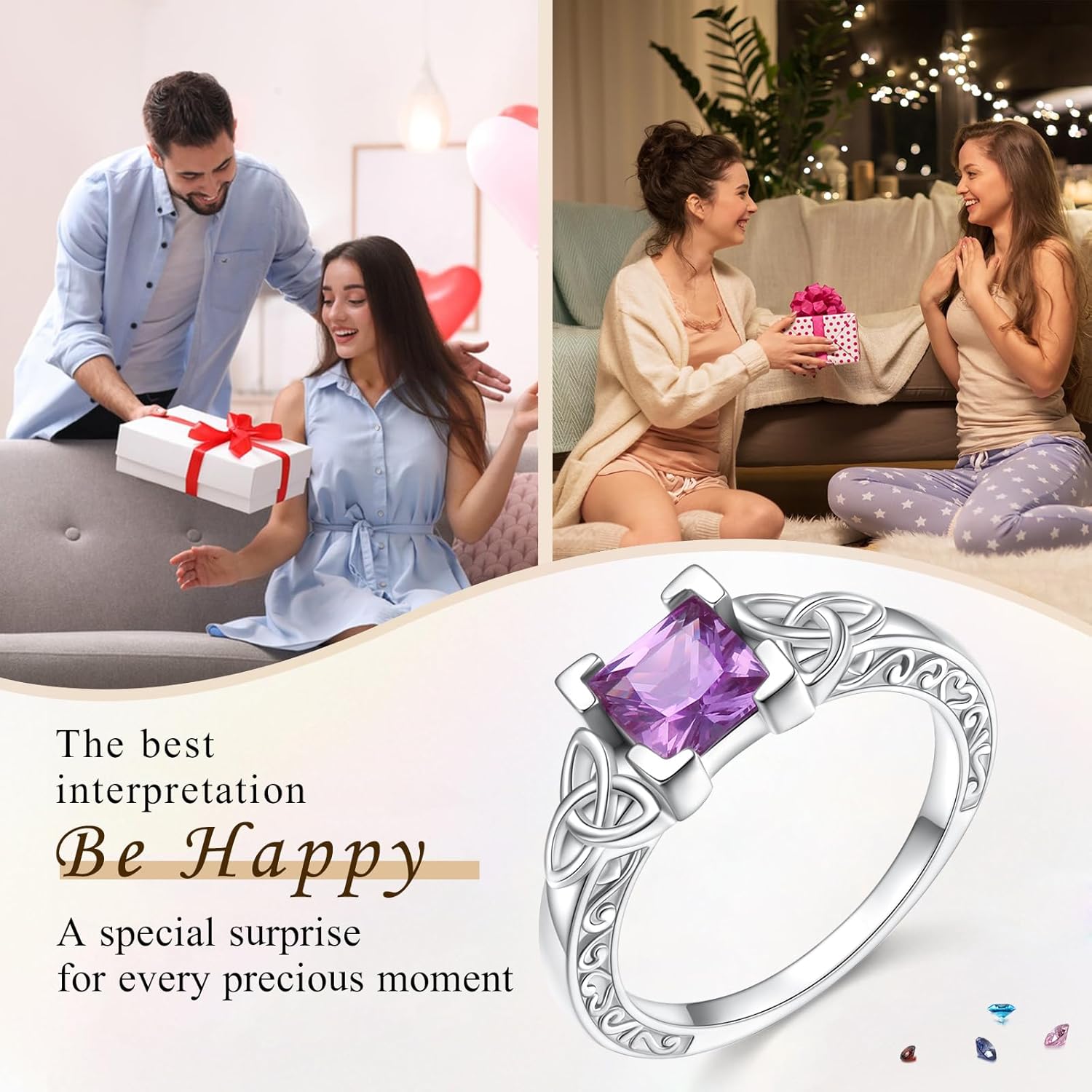 925 Sterling Sliver Vintage Celtic Knot Princess Cut Ring Alexandrite Solitaire Engagement Rings for Women Christmas Gift for Women