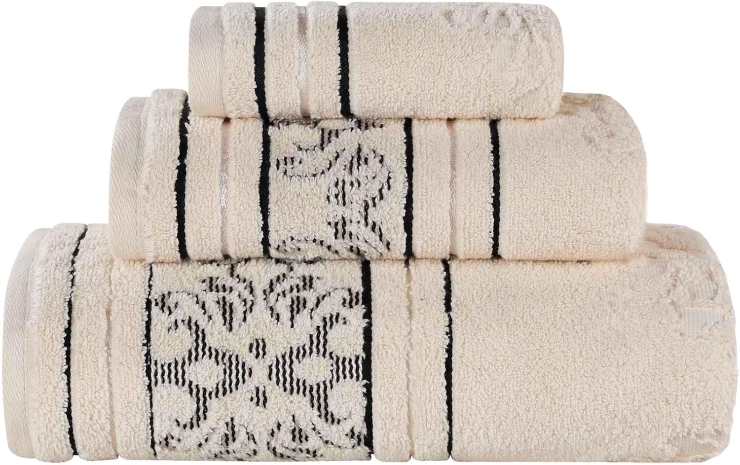 Superior Cotton 3 Piece Towel Set, Includes 1 Bath, 1 Hand, 1 Washcloth/Face Towel, Quick Dry, Home Essentials, Shower, Spa, Luxury Plush Soft Absorbent Towels, Zero Twist, Jacquard Floral, Ivory