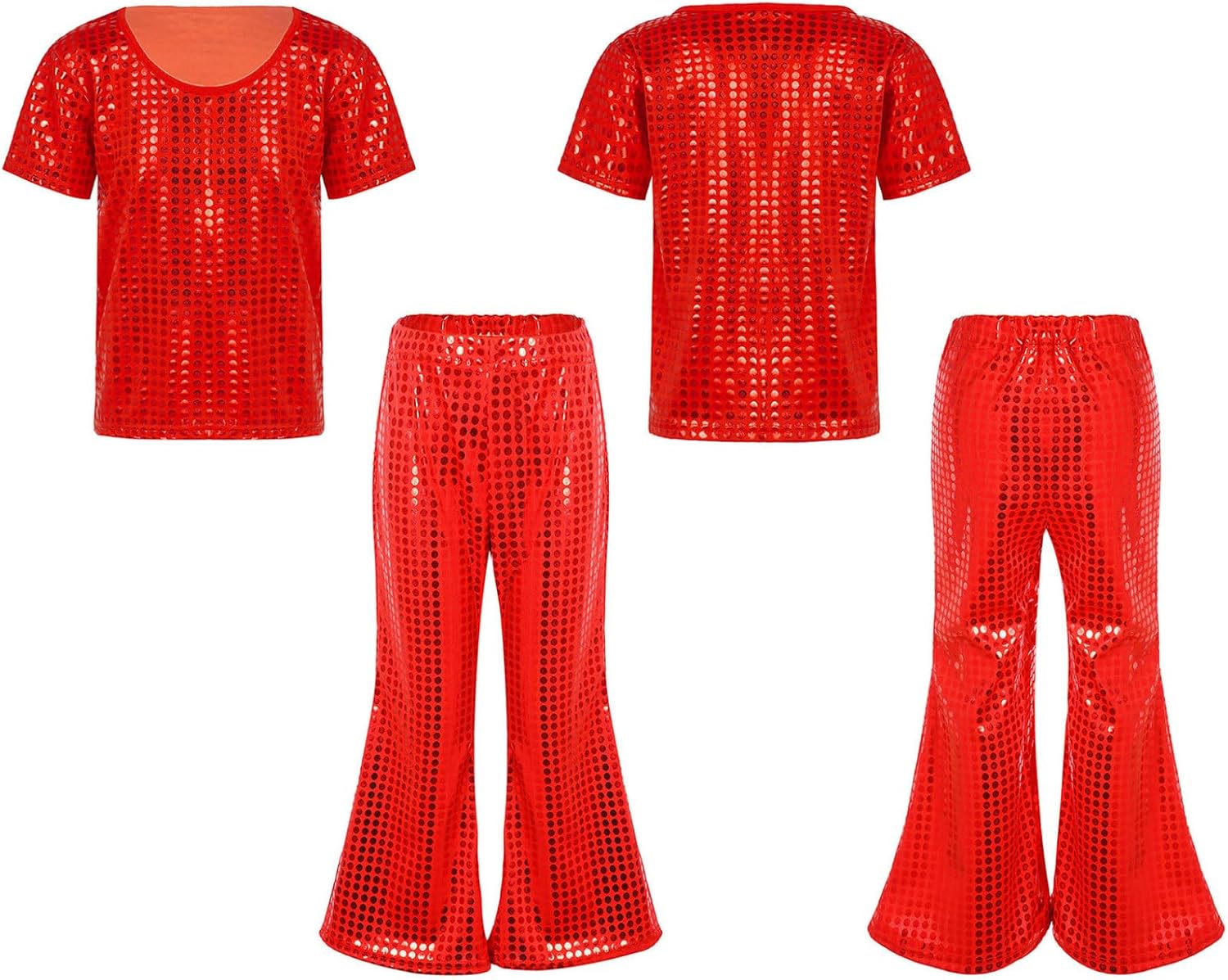 Boys Girls 2-Piece Hip Hop Dance Outfits Kids Shiny Metallic Short Sleeve Tops and Flared Pants Set Playwear