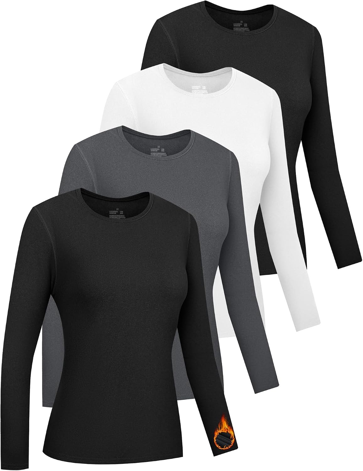 HOPLYNN 5 Pack Womens Long Sleeve Thermal Shirts Crew Neck Double Sided Fleece Lined Baselayer Tops for Cold Weather