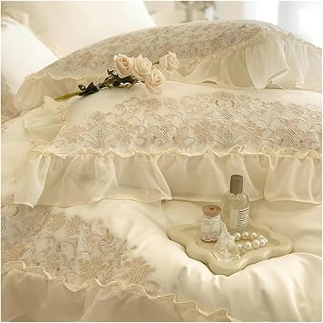 ADovz French lace Bedding Set 1000TC Egyptian Cotton Embroidery Duvet Cover Set Bed Sheet Pillowcases,Bed Sheets, Queen, Beige, FH-762