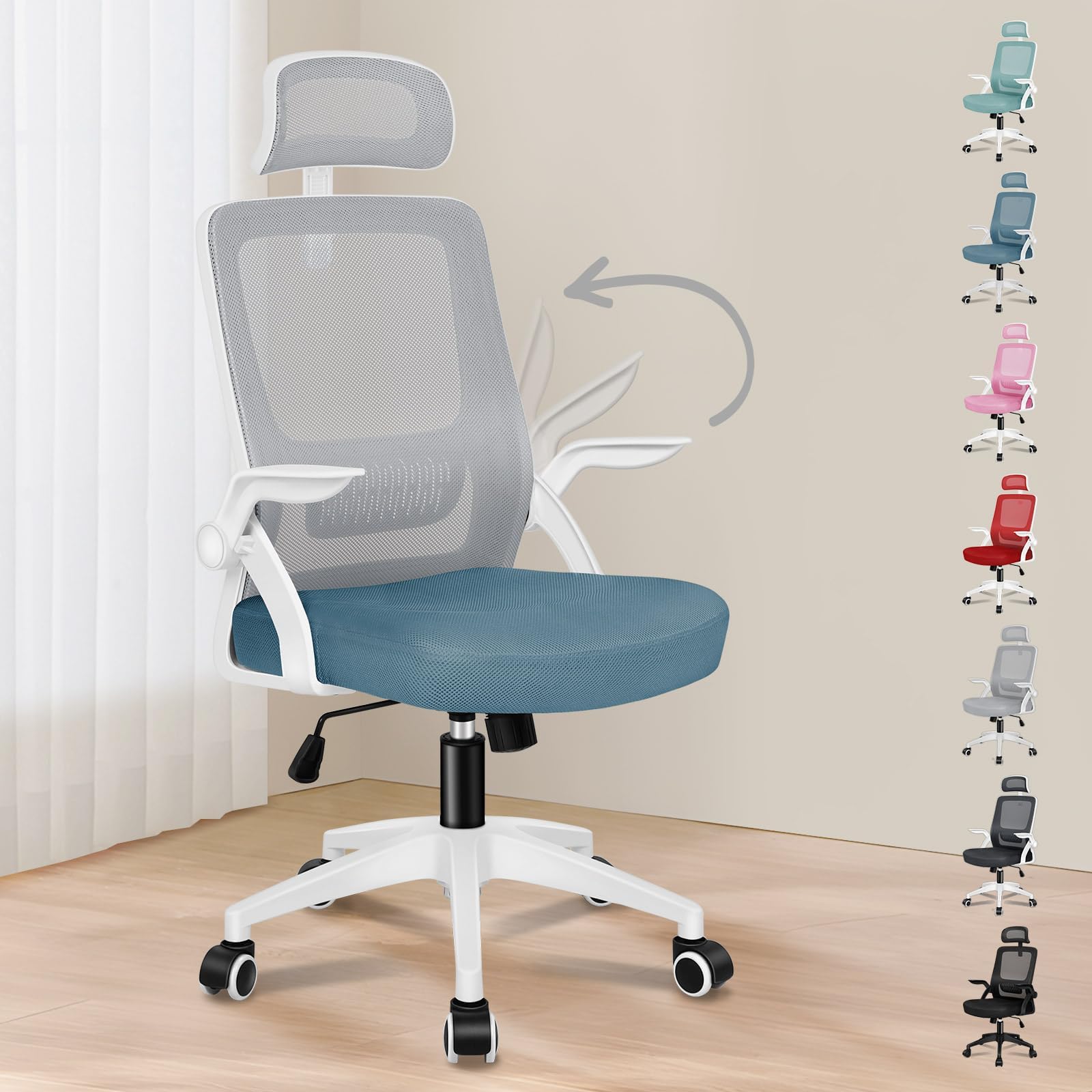 ALFORDSON Silla de Escritorio Ergonómica para Oficina en Casa, Silla de Ordenador de Malla con Soporte Lumbar, Reposacabezas, Silla Giratoria Inclinable, Azul y Gris