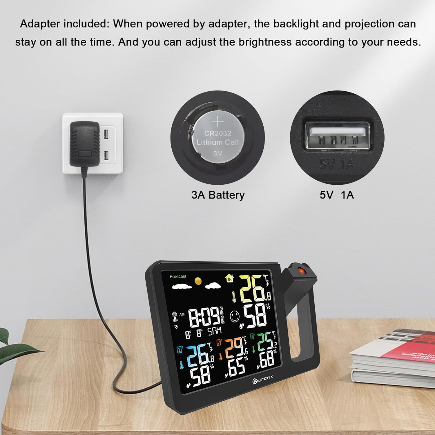 KETOTEK Digital Projection Alarm Clock for Bedroom Ceiling Wall VA LCD Display Radio Controlled Weather Station Indoor Outdoor Temperature Humidity Monitor with 3 Remote Sensors