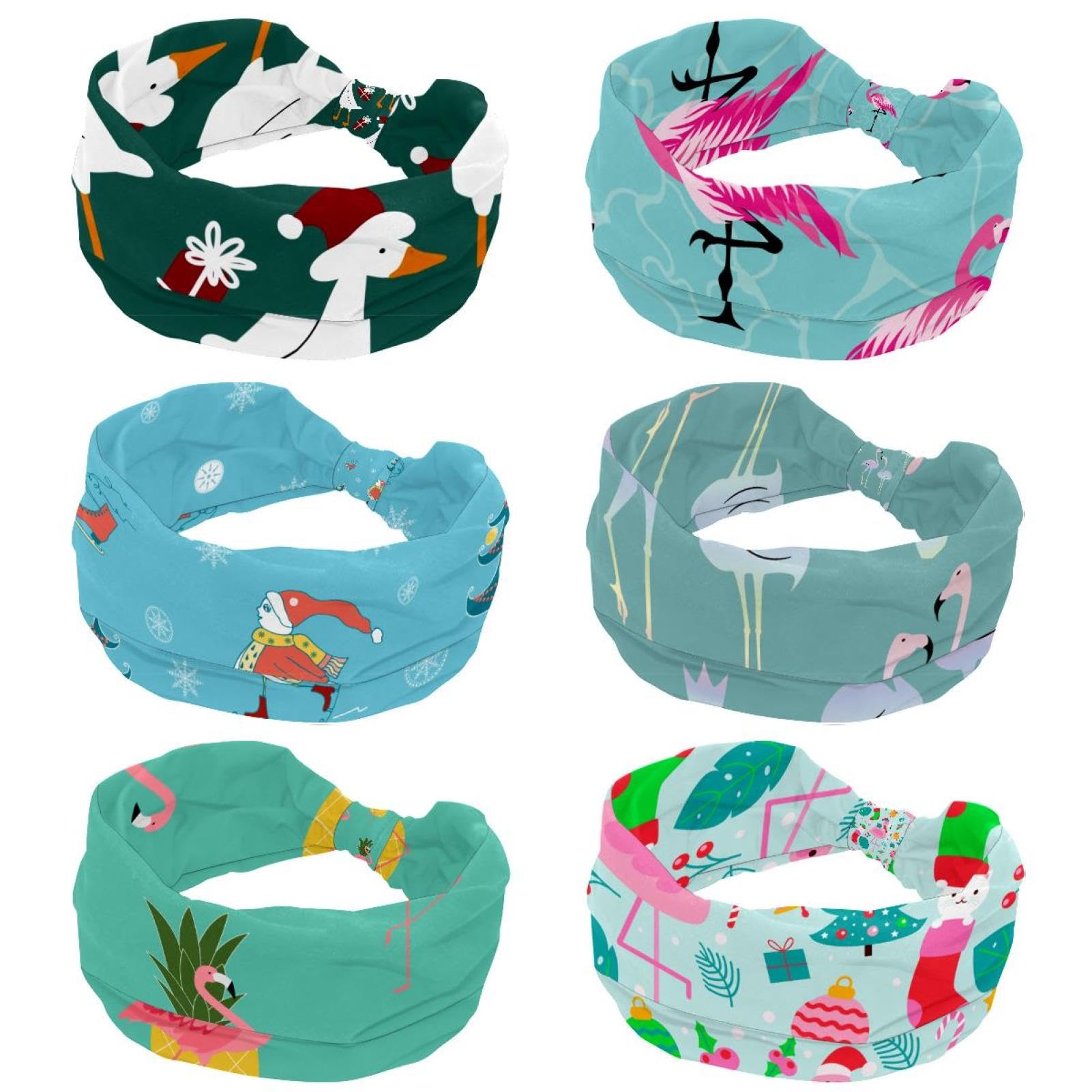 Lot de 6 bandeaux larges pour femme - Turban antidérapant - Motif flamant rose - Pour yoga, sueur, sport, entraînement