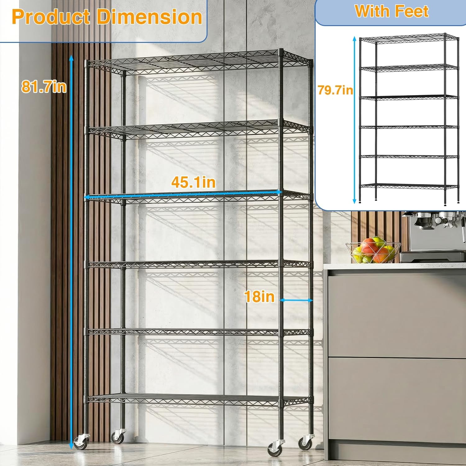 Storage Shelves 2100Lbs Capacity, 6-Shelf on Casters 45" L×18" W×82" H Commercial Wire Shelving Unit Adjustable Layer Metal Rack Strong Steel for Restaurant Garage Pantry Kitchen,Black