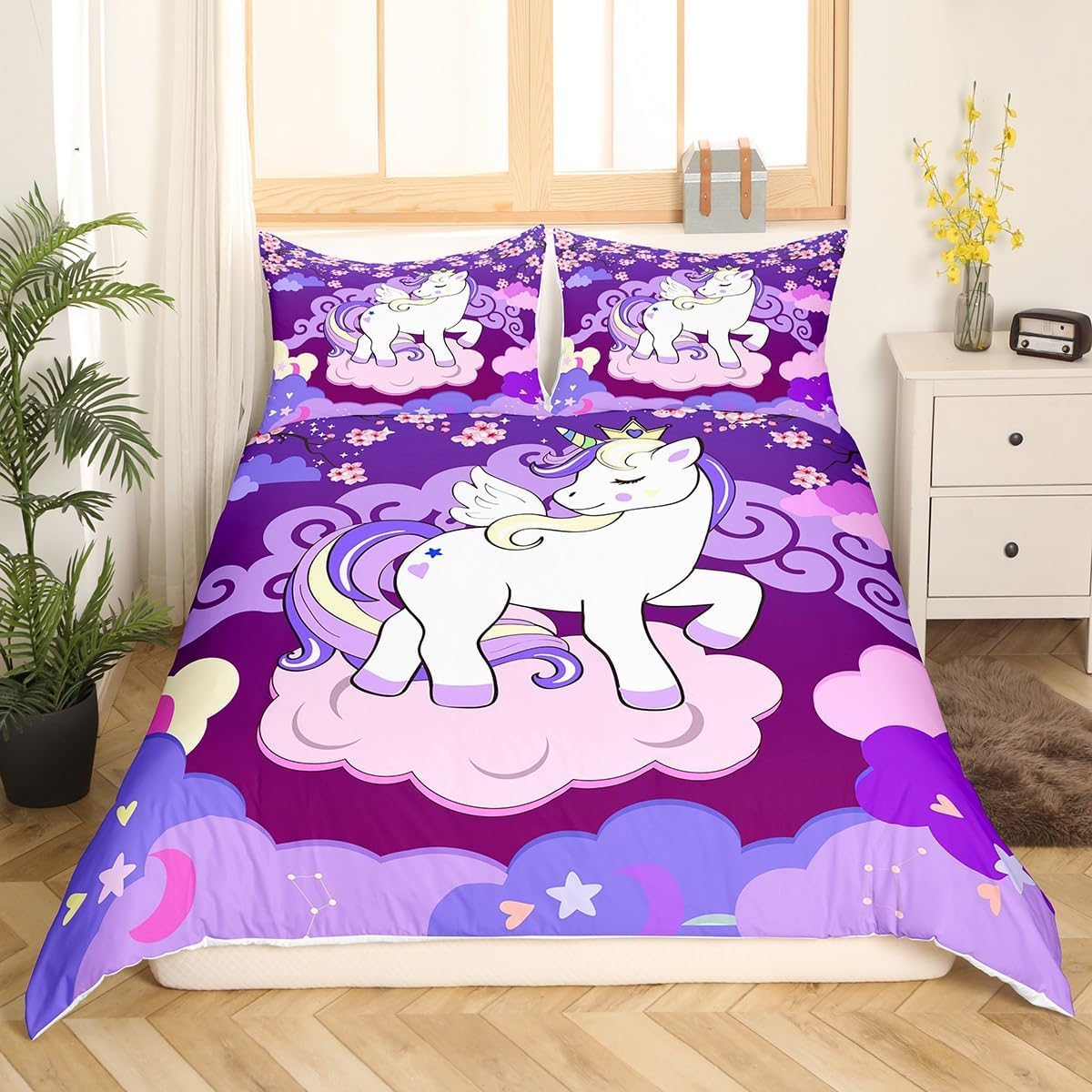 Loussiesd Jednorożec podwójna poszewka na kołdrę dla dziewczynek kwitnący jednorożec zestaw pościeli łóżko dzieci urocza pościel dwustronna gwiazda pokój