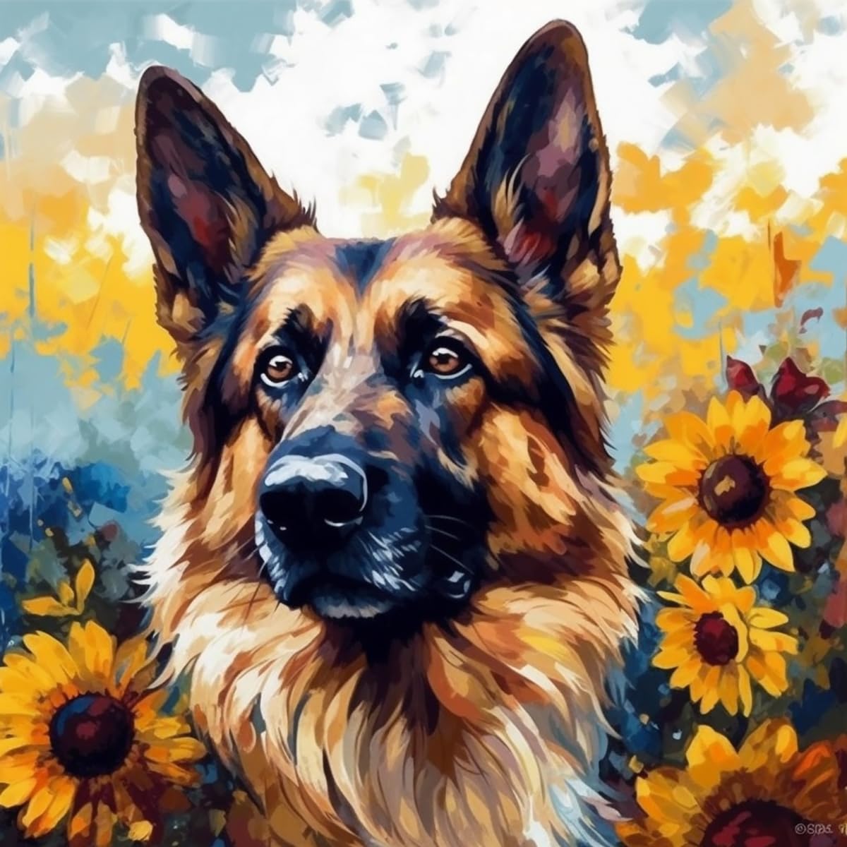 Kangbawa Paint By Numbers For Adults German Shepherd And Colorful Sunflower (6) Diy Oil Paint By Number Kits On Canvas Adult Paint By Number With Brushes Art Crafts 16"X20"(Frameless)