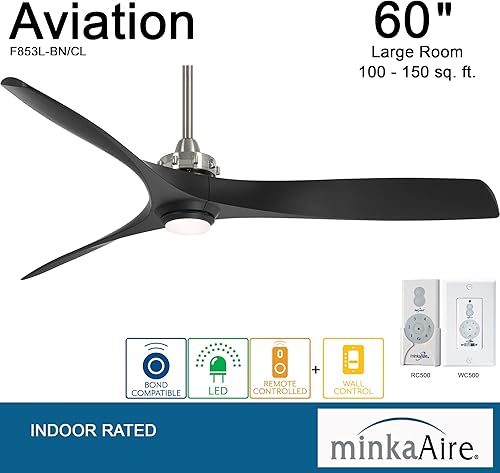 Miniatura 4 de MINKA-AIRE F853L-BN/CL, Ventilador de techo de aviación de 60 pulgadas con kit de luz LED, acabado de níquel/carbón cepillado con control de pared