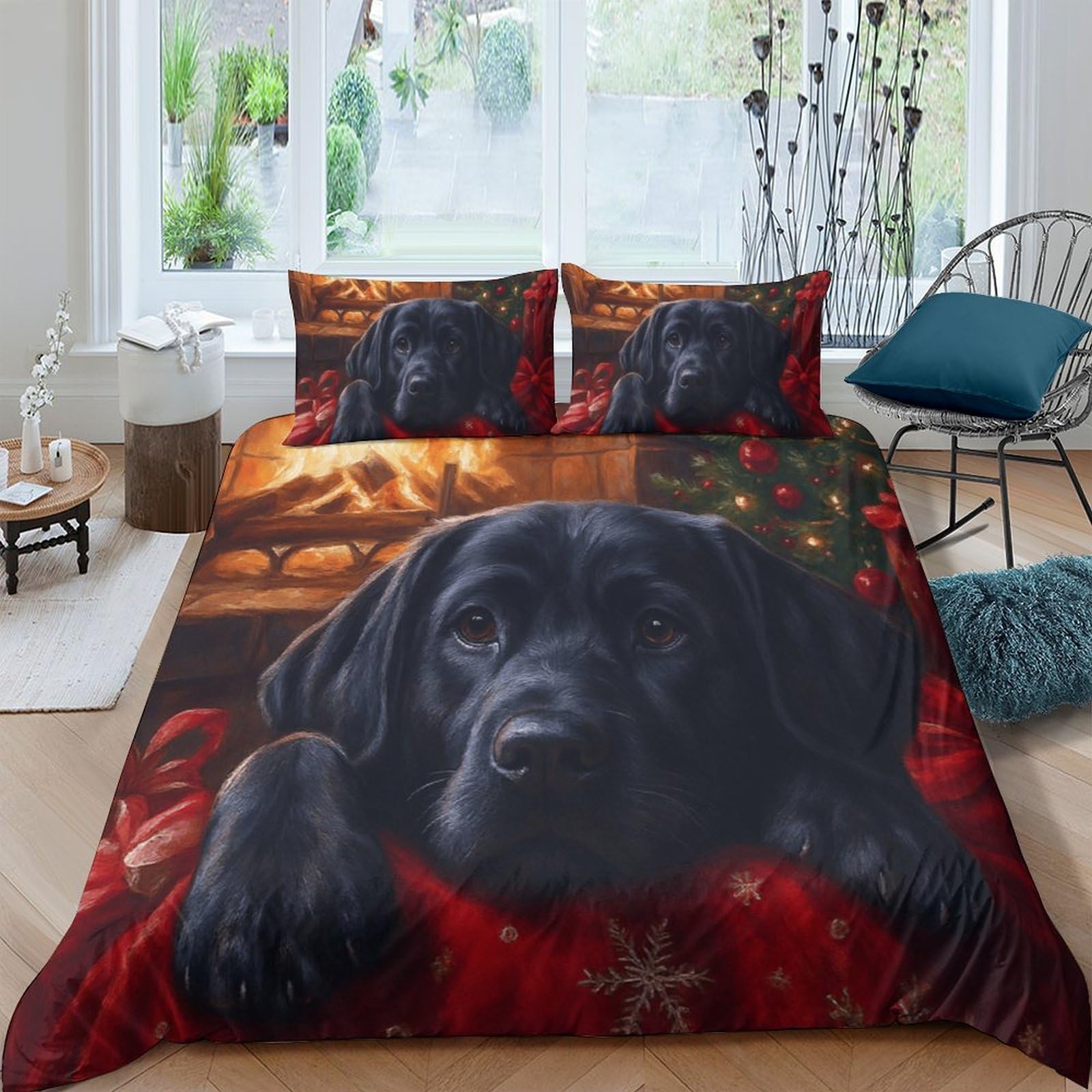 GPLZQXKJNH 3D Printed Black Labrador Dog Duvet Cover Microfiber Soft Breathable Christmas Fireplace Quilt Cover Set with 2 Pillowcases for Bedroom Home Single（135x200cm）