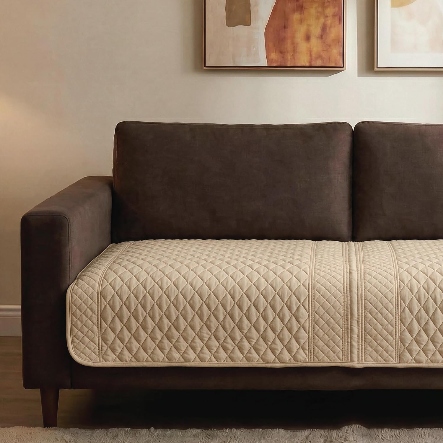 Urban Space Velvet Embroidery Quilted Sofa Cover mat, Premium 3 Seater Non-Slip Sofa slipcover, Easy Care & Machine Washable, Seat Runner for Couch for Living Space (3 Seater - Honeycomb Beige)-image-11
