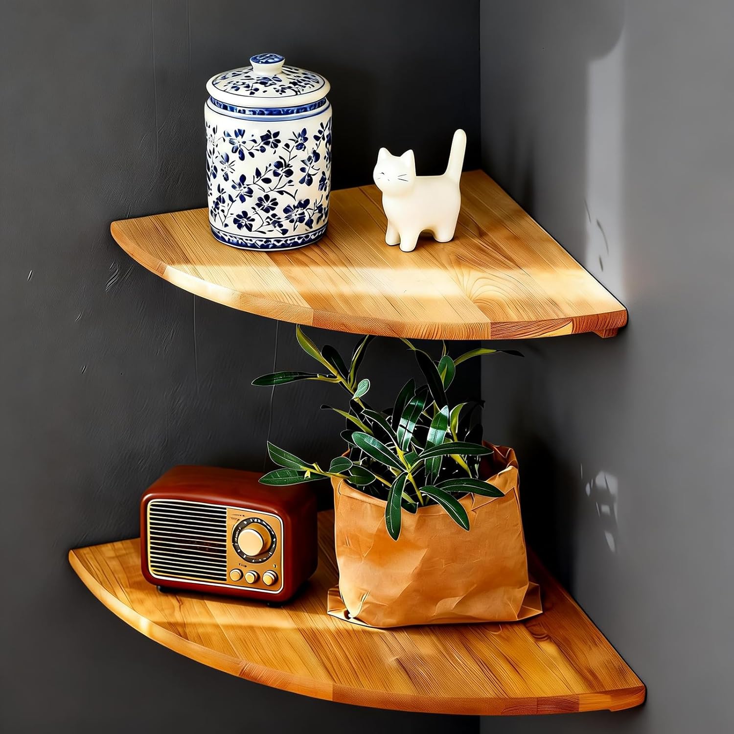 Corner Shelf Wall Mount Set of 2 - Solid Oak Wood Floating Corner Shelf with Cable Hole, 8in&9in Rustic Design for Bedroom, Living Room, Kitchen