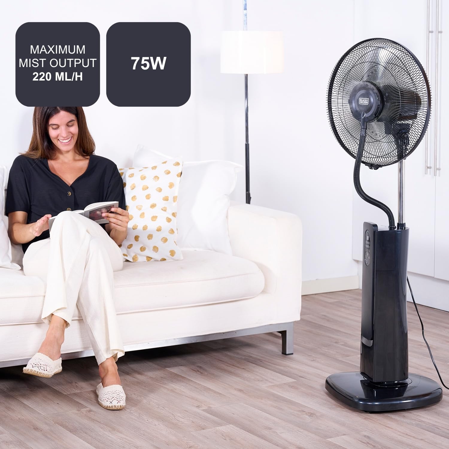 BLACK+DECKER - Ventilatore a piantana con nebulizzatore 75W | 3 velocità | Display digitale | Oscillante | Telecomando | Serbatoio 2L