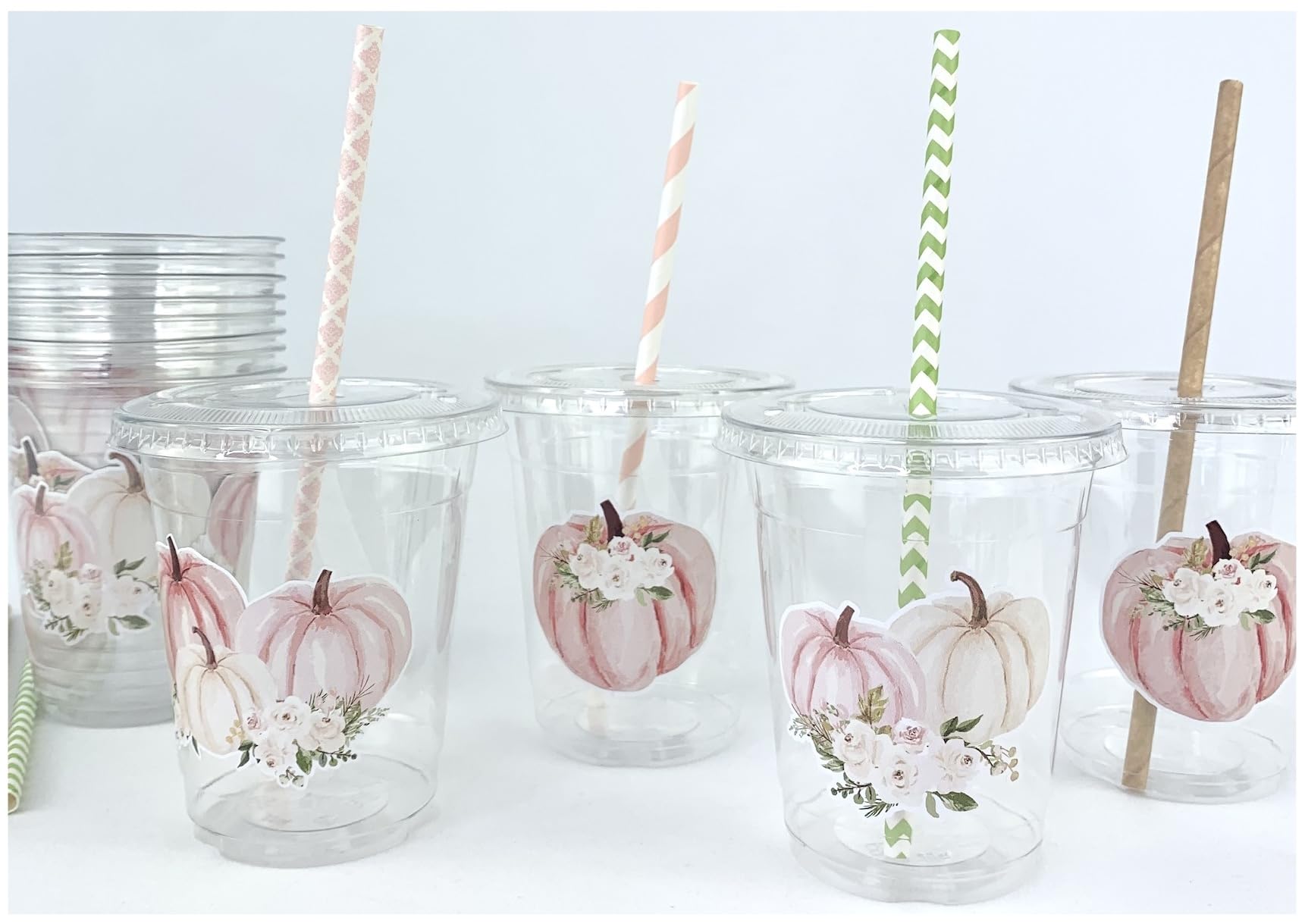 Pink Pumpkin Party Plastic Cups with Lids & Straws, Little Pumpkin Baby Shower, Fall Birthday, Set of 12