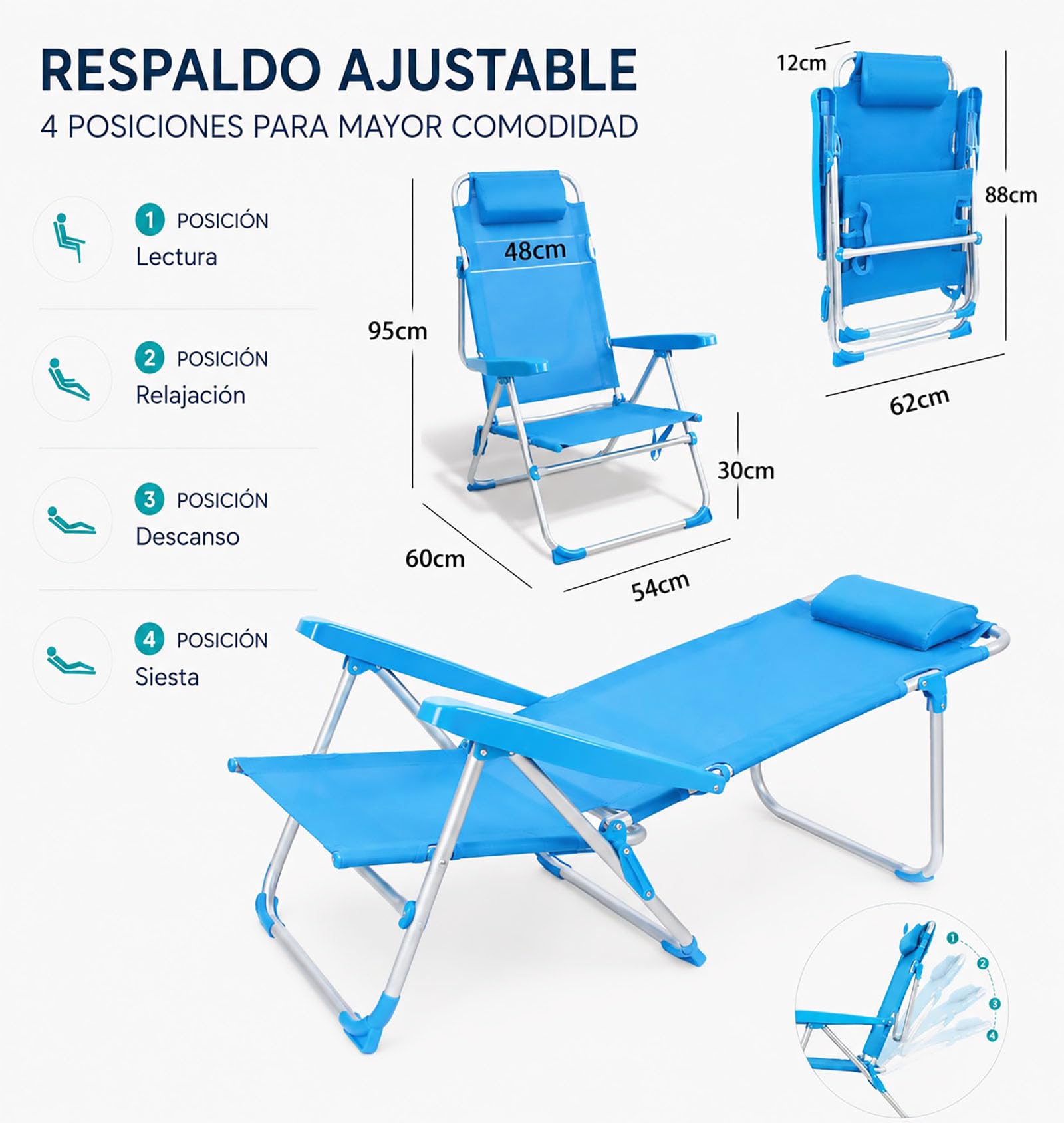 Silla de Playa Plegable Reclinable de Aluminio, 4 Posiciones Ajustables, Ligera y Portátil, Respaldo Alto con Reposabrazos, Silla Baja para Playa, Camping, Jardín y Piscina, Color Azul Liso