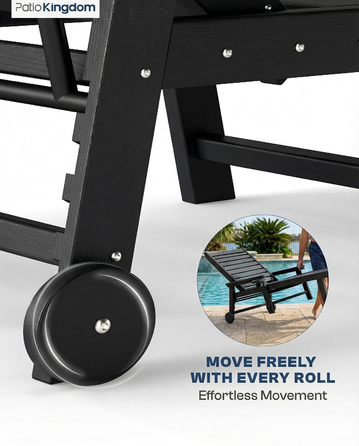 5-Position Adjustable Lounge Chair Outdoor, HDPE Outdoor Chaise Lounge with Cup Holder & Wheels, Pool Lounge Chairs for Poolside, Beach, Deck, Black