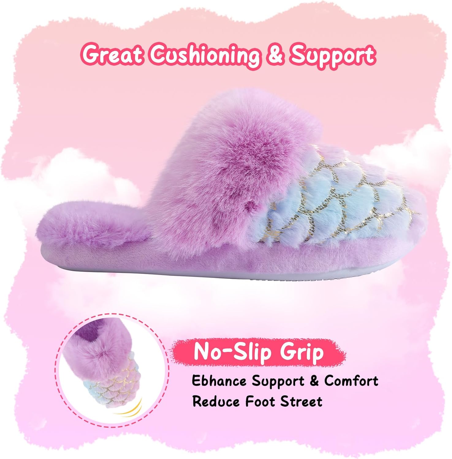 Orthoshoes Girls Sequined Fluffy Slippers, Faux Fur Memory Foam, Non-Slip Indoor House Shoes - Image 2