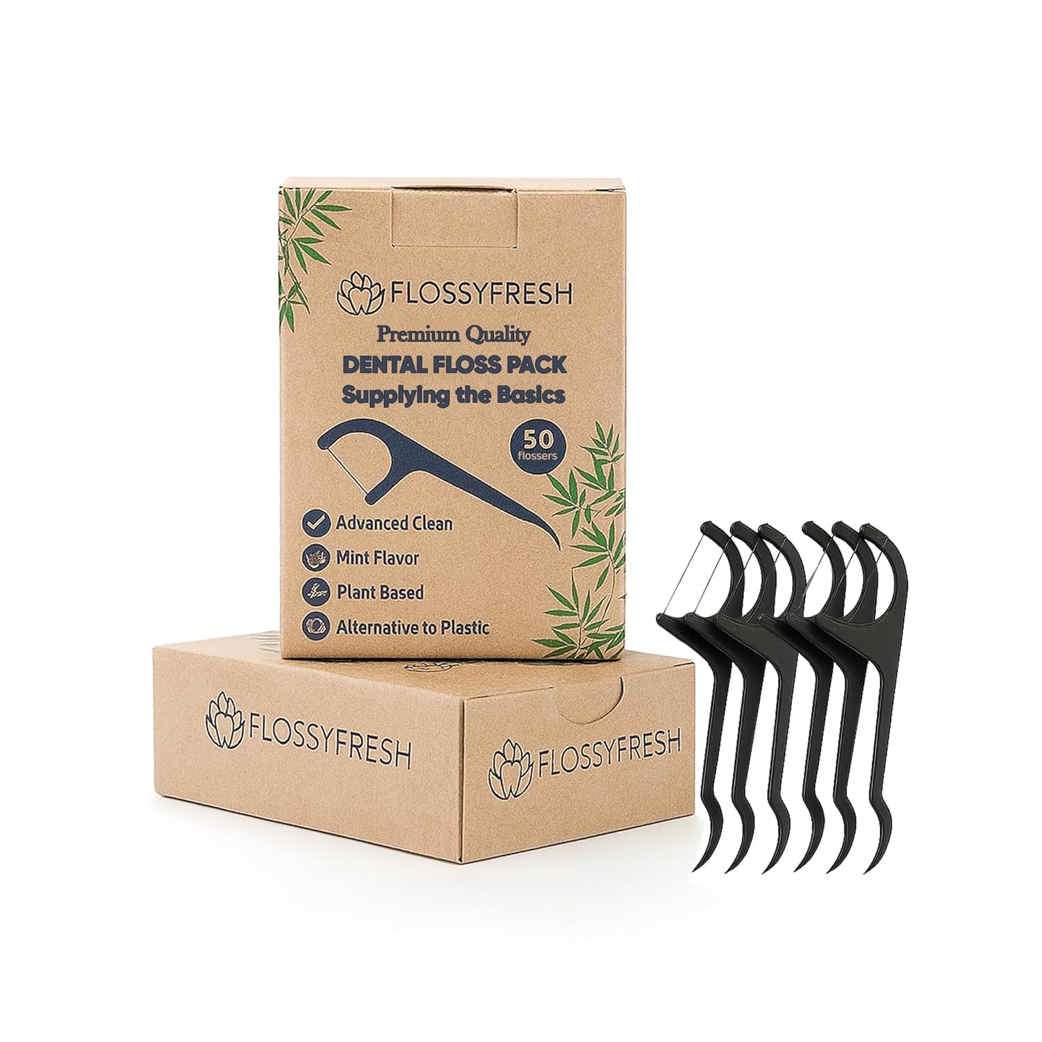 FlossyFresh Biodegradable Dental Floss Picks | Plant based for Oral care | Thin Thread Tooth for Adults & Kids | Eco Friendly Toothpick Soft on Gum & Teeth | Dentist Recommended, Travel use (50, Mint)