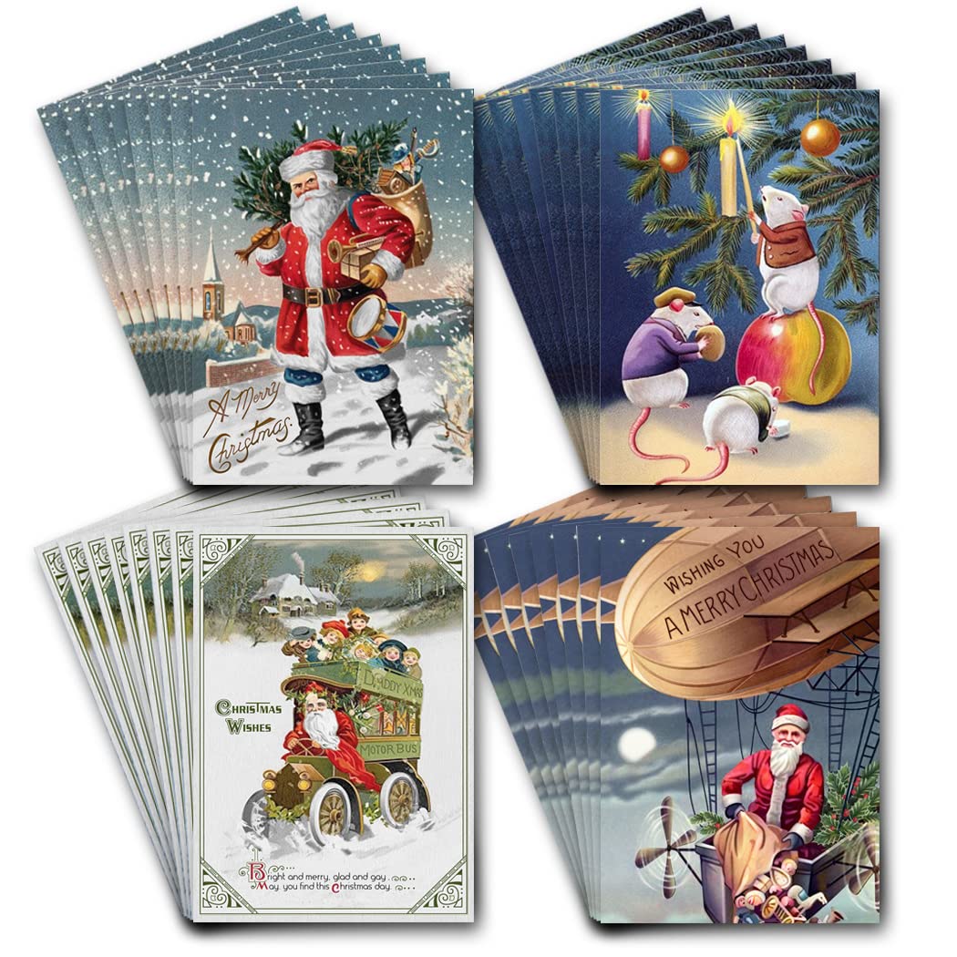 Vintage Christmas Postcards - A6 Bulk Pack of 32 post cards - Set of 4 Designs - Victorian Style Old Fashioned Classic Greeting - Unique Art - Traditional Past - Cool School Retro Cute - Made in UK