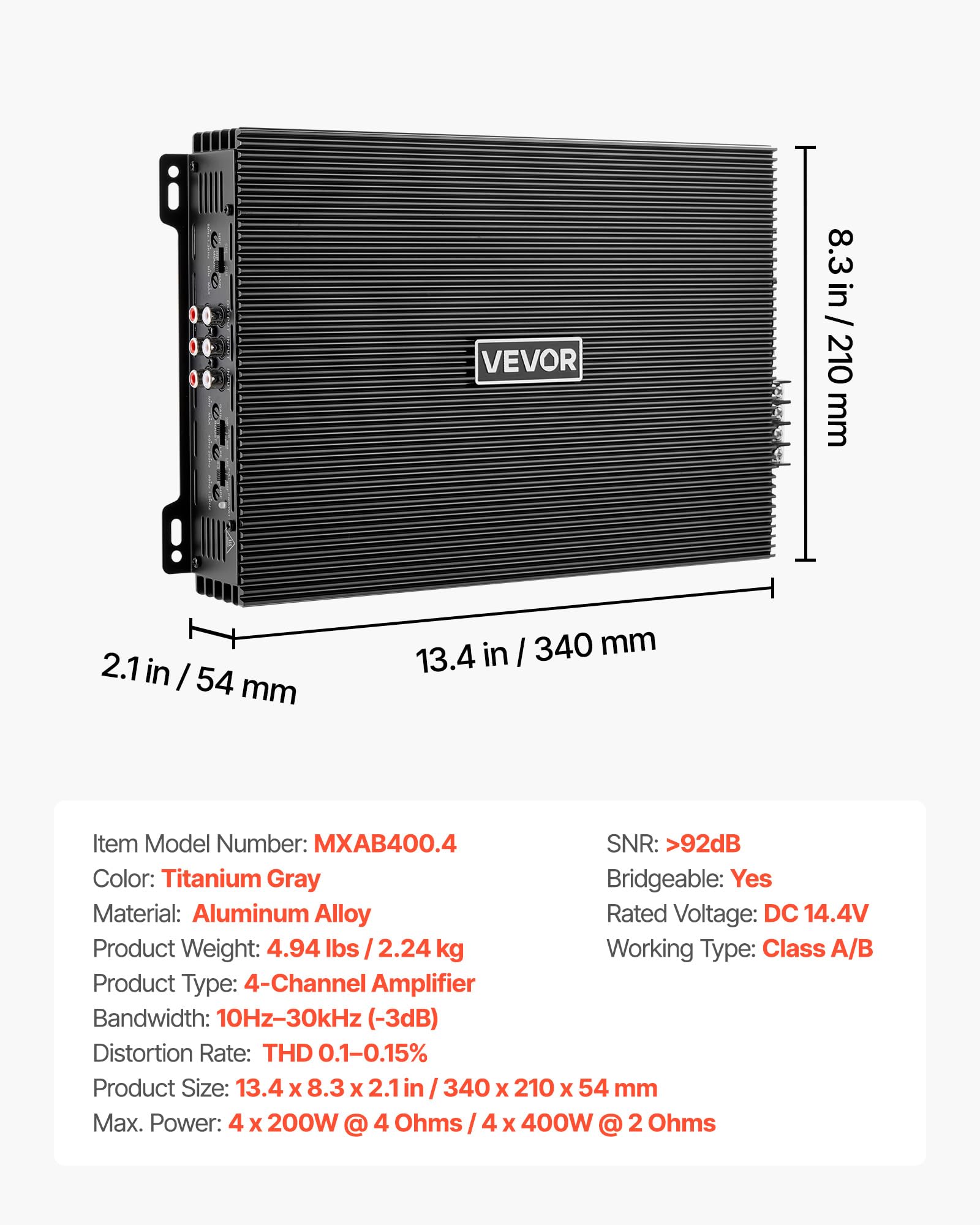 VEVOR Amplificador para Automóvil 4 Canales Clase AB Máximo 4 x 200W a 4 ohmios y 4 x 400W a 2 ohmios, Amplificador Estéreo de Audio para Coche Puenteable para Sedán SUV Vehículo Todoterreno Camioneta