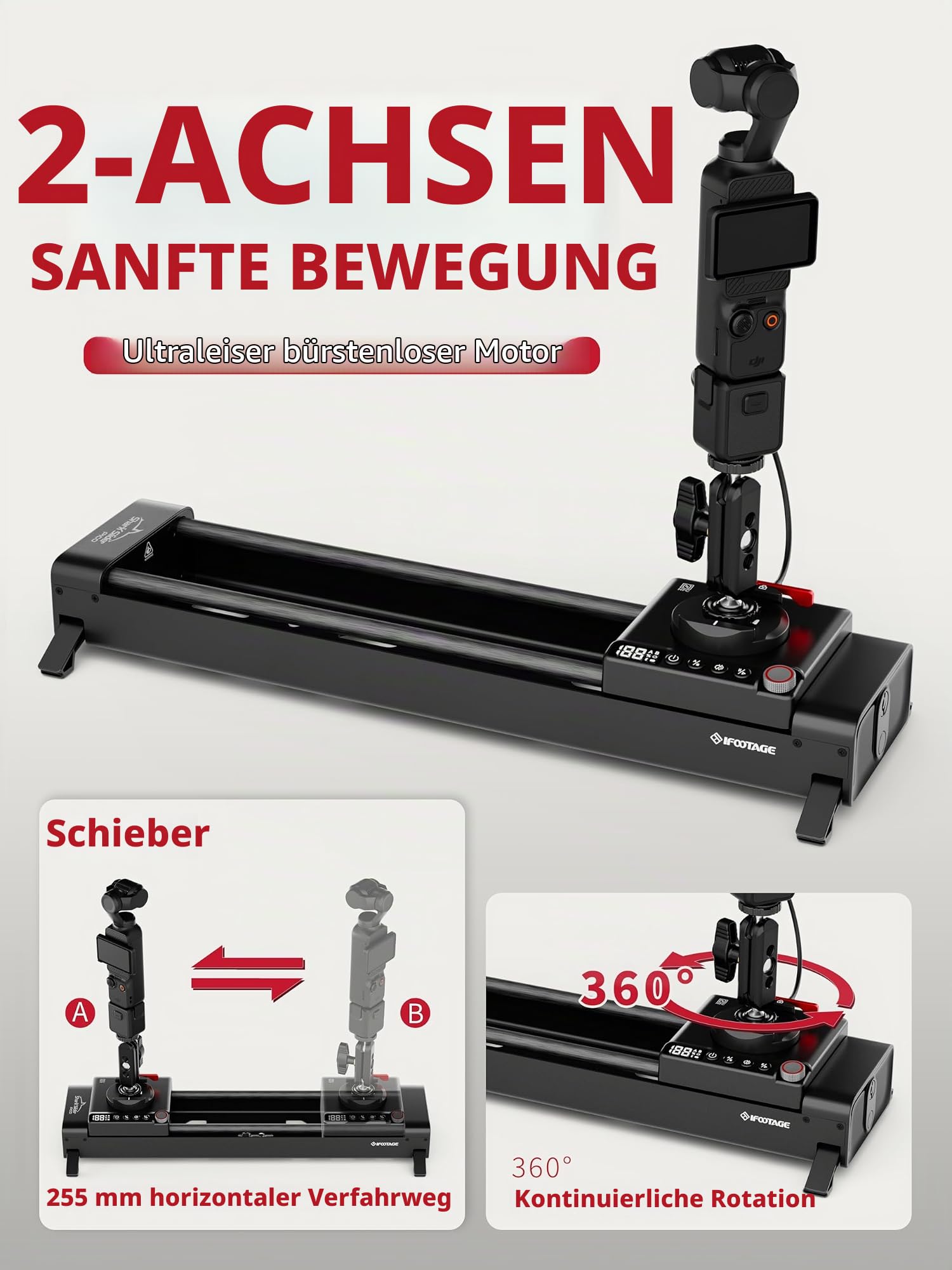 IFOOTAGE Pico Motorisierter Kameraschlitten, 2-Achs-Schlitten mit 360°-Drehung, NFC, APP-Steuerung, Zeitraffer, Stop-Motion, Kompatibel mit DJI Pocket 3/Action 5/6, für Vlog,Videoaufnahme